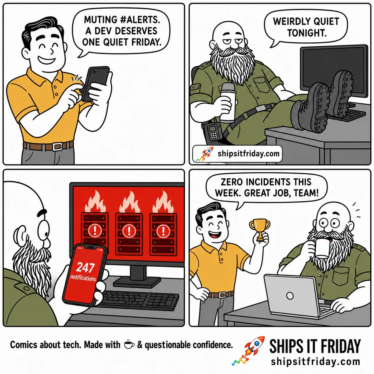Four-panel cartoon. Panel 1: Dale mutes the #alerts channel, saying "Muting #alerts. A dev deserves one quiet Friday." Panel 2: Russ relaxes at his dark desk, saying "Weirdly quiet tonight." Panel 3 (silent): Russ's phone shows "247 notifications" while a wall monitor behind him glows red with server fire icons. Panel 4: Dale holds up a trophy saying "Zero incidents this week. Great job, team!" while Russ stares in horror at a laptop full of red alerts behind him.