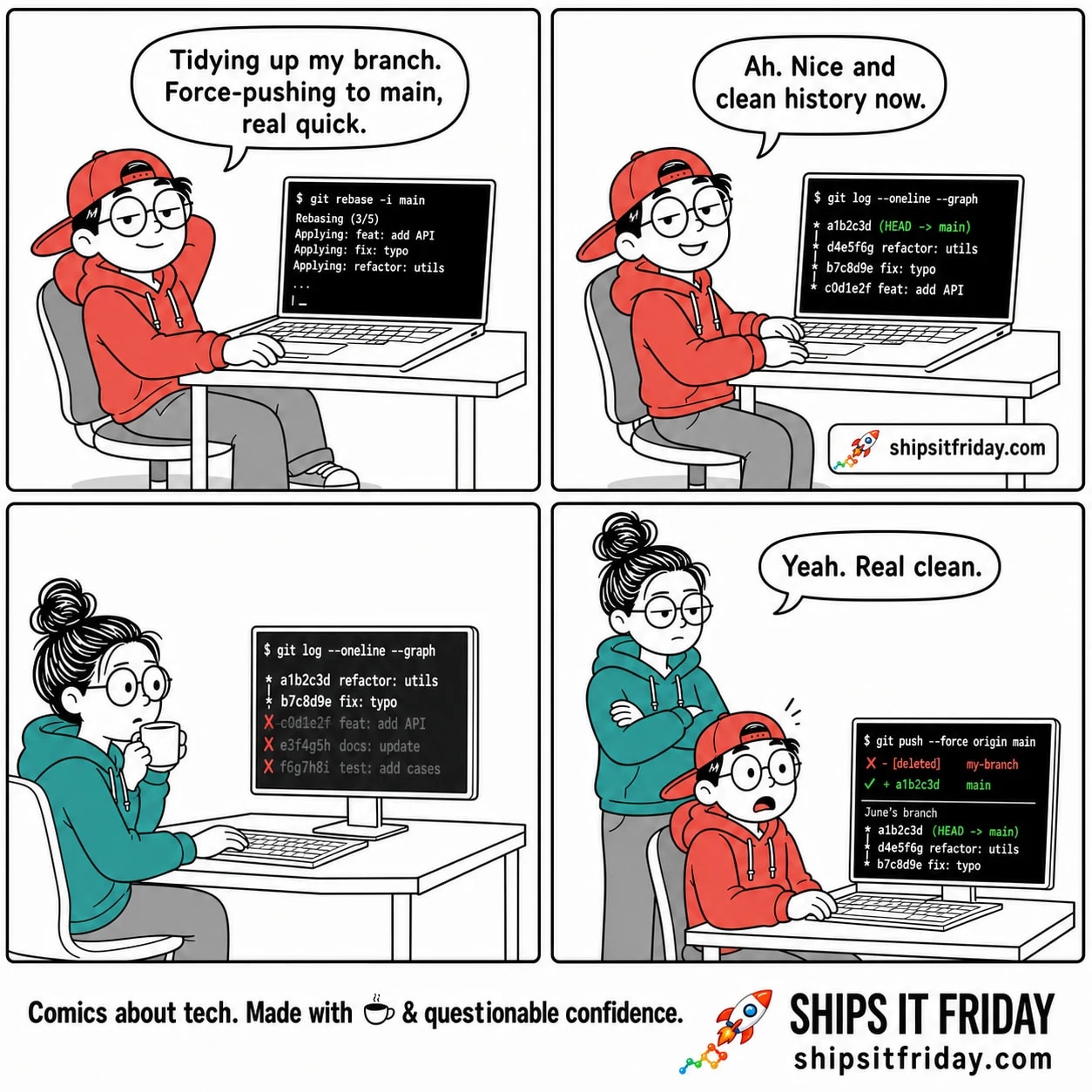 Four-panel cartoon. Panel 1: Toby, relaxed, says "Tidying up my branch. Force-pushing to main, real quick." Panel 2: Toby smirks and says "Ah. Nice and clean history now." Panel 3 (silent): June's monitor shows her commits missing; she stares in flat shock. Panel 4: June, arms crossed, deadpan, says "Yeah. Real clean." — Toby's screen now shows his own branch wiped instead.
