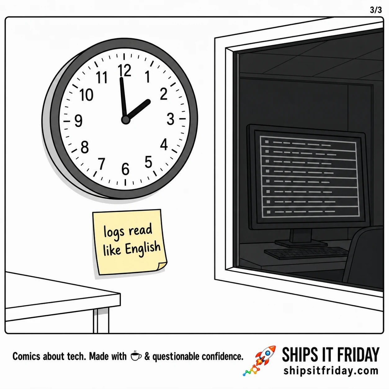 One-panel comic. Panel 9: Silent. The wall clock reads 01:59, hands about to fall back to 01:00. A sticky note beneath it reads 'logs read like English', and in the dark window glass a second refund batch is starting to scroll.