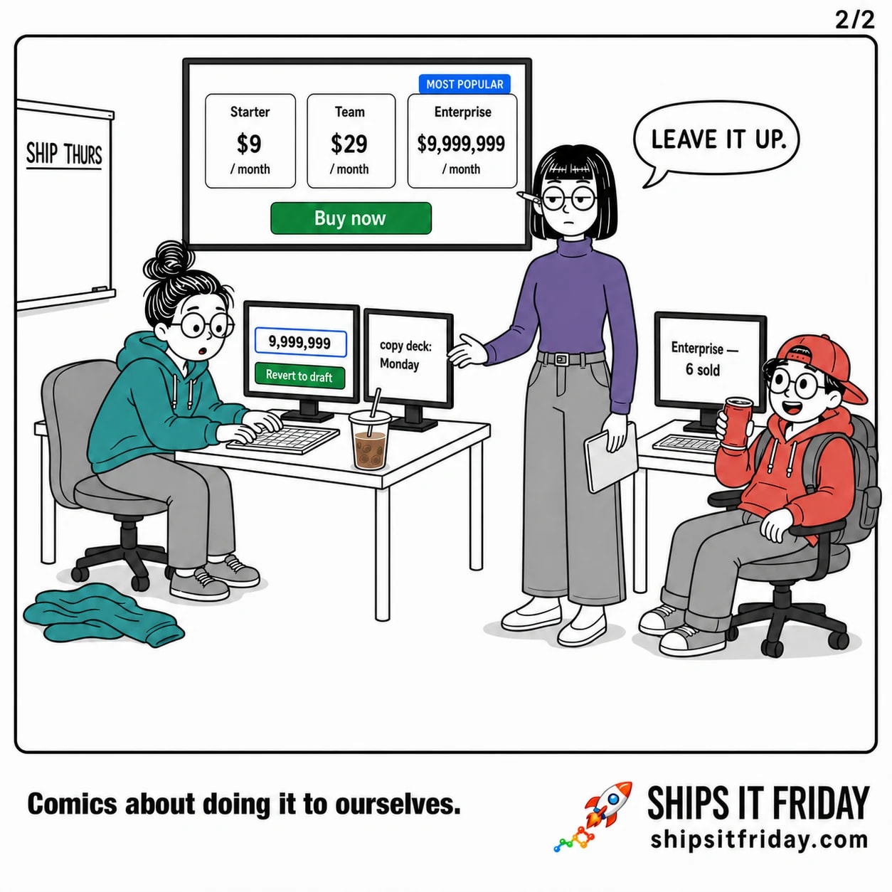 Panel 5: June has dropped the coat and is back at the keyboard with the price field highlighted next to a 'Revert to draft' button; Toby's screen now reads 'Enterprise — 6 sold'. Ines, stepping forward, says, 'Leave it up.'