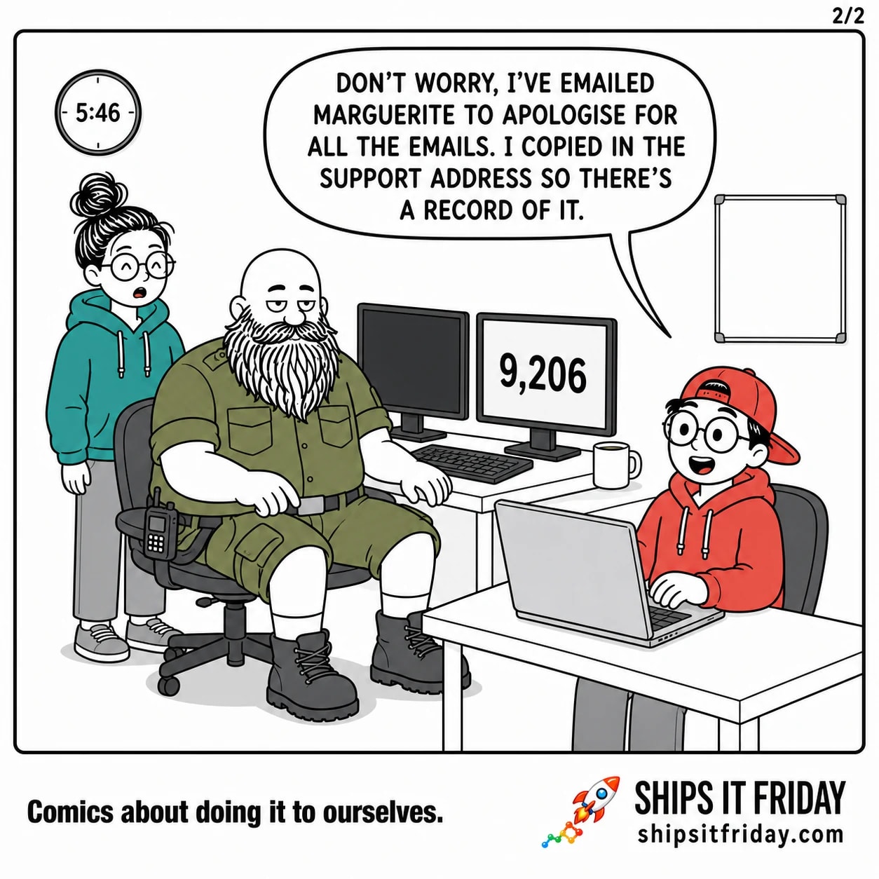One-panel comic in an office support corner, late Friday afternoon. Panel 5: Toby back at his own laptop, typing, with Russ's monitor over his shoulder now reading 9,206. Toby says, "Don't worry, I've emailed Marguerite to apologise for all the emails. I copied in the support address so there's a record of it."