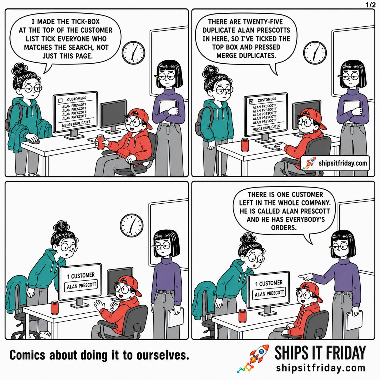 Four panels at two desks pushed together, wall clock just past six. Panel 1: June stands with her bag on her shoulder, hand still on the mouse, her monitor showing a customer list full of identical rows with an empty tick-box at the top. June: 'I made the tick-box at the top of the customer list tick everyone who matches the search, not just this page.' Toby sits beside her with a can; Ines stands at the end of the desk with her tablet. Panel 2: Toby has put the can down and rolled in front of June's screen, the tick-box now filled in, every row reading ALAN PRESCOTT, a button reading MERGE DUPLICATES. Toby: 'There are twenty-five duplicate Alan Prescotts in here, so I've ticked the top box and pressed Merge Duplicates.' Panel 3, silent: the list is gone. The screen reads 1 CUSTOMER in huge type with a single row, ALAN PRESCOTT. Toby has rolled back with his hands off the desk, June has dropped her coat on her chair and leaned in, Ines has lowered her tablet. Panel 4: close on Ines pointing flatly at the screen. Ines: 'There is one customer left in the whole company. He is called Alan Prescott and he has everybody's orders.'