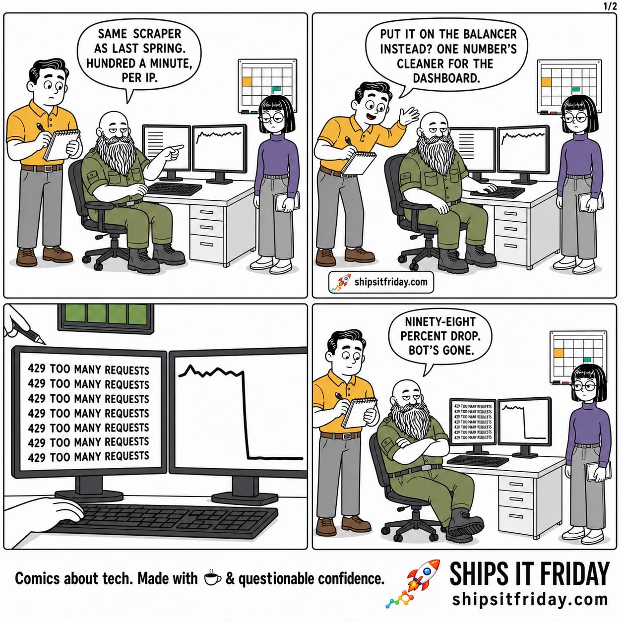 Four panels in the ops corner. Panel 1: wide shot, Russ at his desk pointing at a monitor of repeating log lines while a traffic graph runs high; Ines stands at the desk edge with her tablet, Dale behind the chair with a notebook. Russ: 'Same scraper as last spring. Hundred a minute, per IP.' Panel 2: Dale leans over the chair back, pen uncapped: 'Put it on the balancer instead? One number's cleaner for the dashboard.' Panel 3, silent: close on the two monitors — the log is now a full screen of '429 TOO MANY REQUESTS' and the traffic graph falls off a cliff to flat. Panel 4: wide again, Russ leaning back with folded arms: 'Ninety-eight percent drop. Bot's gone.'