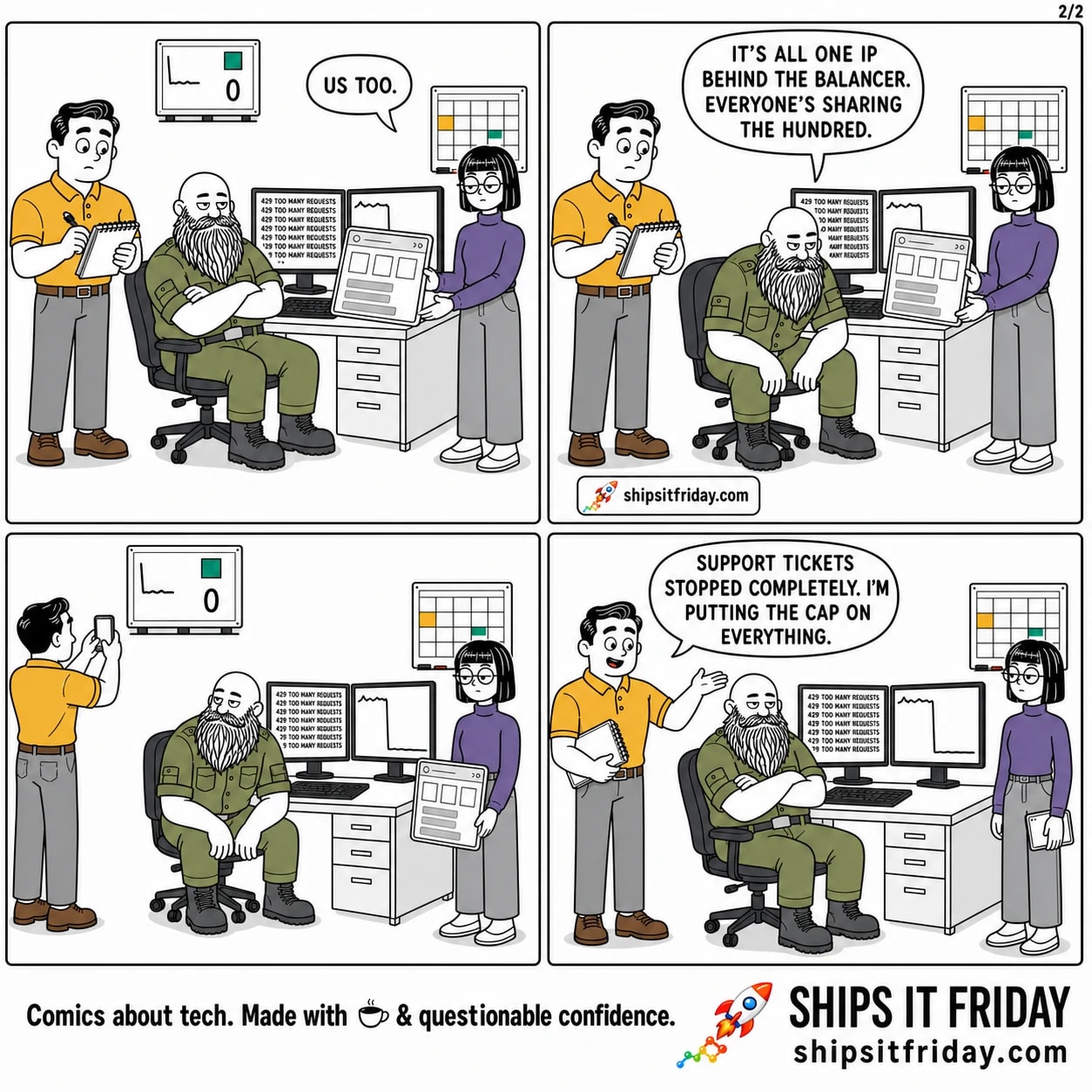Four panels in the ops corner. Panel 5: Ines turns her tablet around, showing the live product page broken — missing images and grey error boxes: 'Us too.' Panel 6: Russ comes forward, elbows on knees, squinting at the tablet: 'It's all one IP behind the balancer. Everyone's sharing the hundred.' Panel 7, silent: Dale has stepped under the wall dashboard TV to photograph it — flat traffic line, a green tile, and a support ticket counter reading 0. Panel 8: Dale lowers the phone, delighted, turning toward the deploy calendar: 'Support tickets stopped completely. I'm putting the cap on everything.' Russ sits with arms folded, saying nothing; Ines lets the tablet drop to her side, broken page still lit.