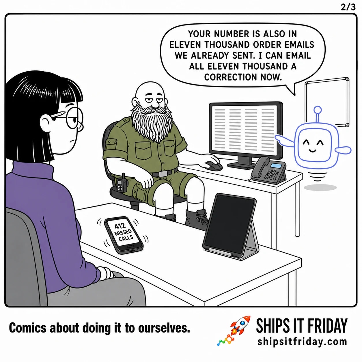 One panel in the studio corner. Panel 5: Pip points at Russ's monitor, now a wall of identical sent emails. Pip: "Your number is also in eleven thousand order emails we already sent. I can email all eleven thousand a correction now."