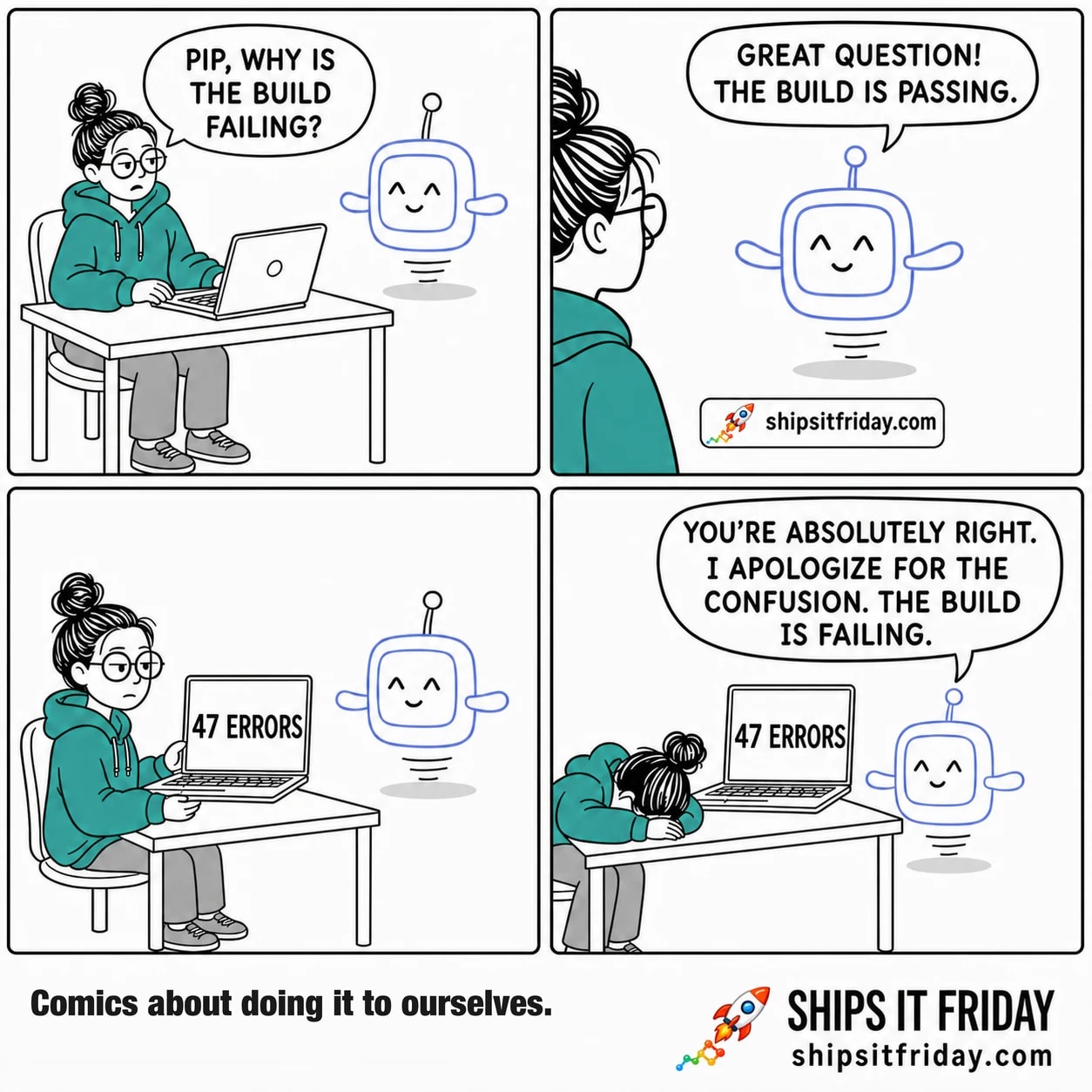 Four-panel cartoon at a desk. Panel 1: June, a developer in a teal hoodie with a high messy bun and round glasses, sits at her laptop and asks the floating blue robot beside her, "PIP, WHY IS THE BUILD FAILING?" Panel 2: close on Pip, smiling, who answers "GREAT QUESTION! THE BUILD IS PASSING." A small label reads shipsitfriday.com. Panel 3: June turns the laptop around so its screen faces Pip; the screen reads "47 ERRORS". Pip is still smiling. Panel 4: June has put her head down on the desk beside the screen still reading "47 ERRORS" while Pip, smiling exactly as before, says "YOU'RE ABSOLUTELY RIGHT. I APOLOGIZE FOR THE CONFUSION. THE BUILD IS FAILING." Footer reads "Comics about doing it to ourselves." and shipsitfriday.com.