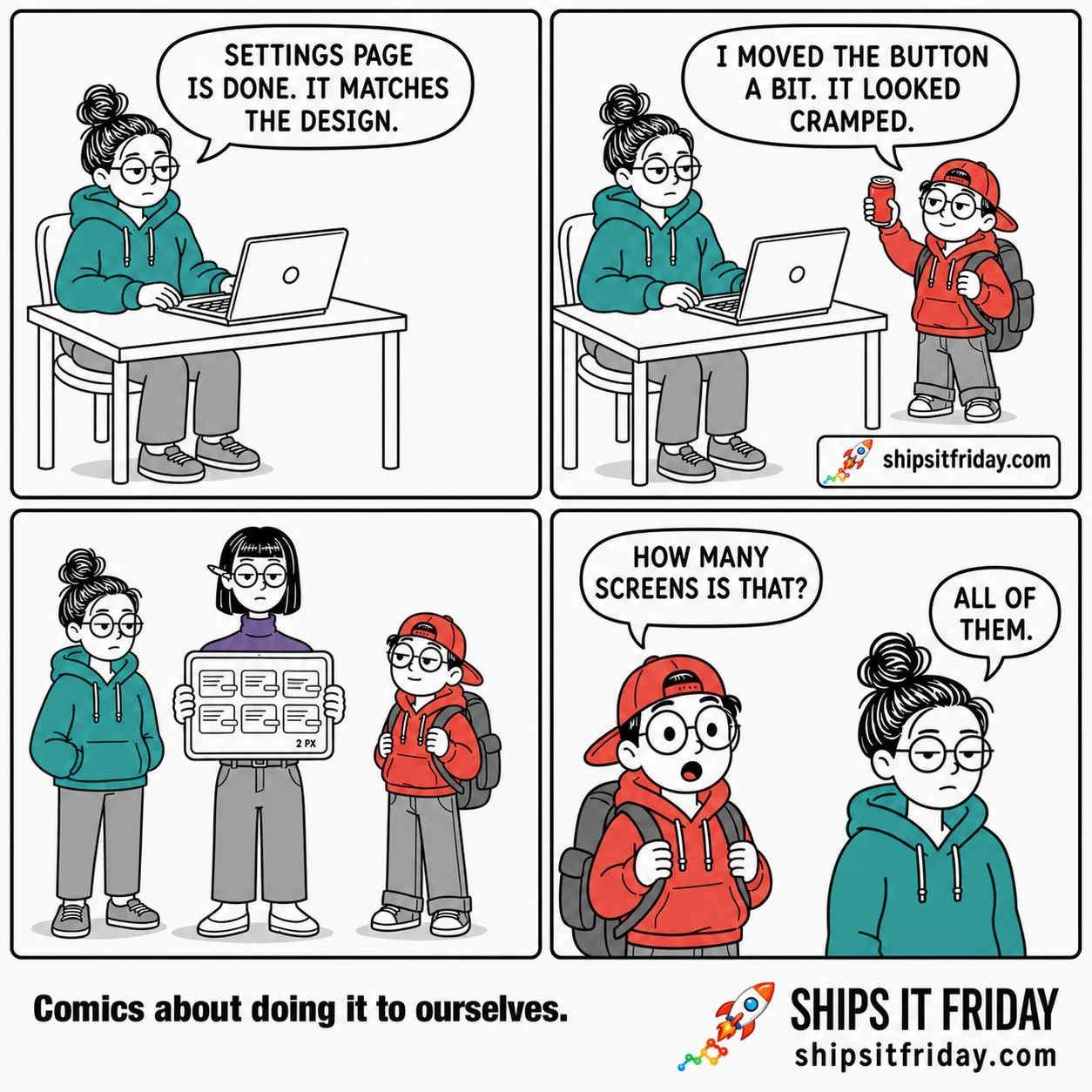 Four-panel cartoon. Panel 1: June, a dev in a teal hoodie with a high messy bun and round glasses, sits at her laptop and says "SETTINGS PAGE IS DONE. IT MATCHES THE DESIGN." Panel 2: Toby, the intern in a coral hoodie and backwards red cap, leans in beside her holding a red can aloft and says "I MOVED THE BUTTON A BIT. IT LOOKED CRAMPED." A small label reads shipsitfriday.com. Panel 3 (silent): Ines, the designer in a purple turtleneck with a blunt black bob and a pencil above one ear, stands between them at full height and turns her tablet to face the reader. Its screen shows six identical app screenshots in a grid of three by two, and on every one of them the same button juts out through the right-hand edge of the card. A small label on the tablet reads "2 PX". Panel 4: Toby, alarmed with round eyes and an open mouth, asks "HOW MANY SCREENS IS THAT?" June, flat and unmoved beside him, answers "ALL OF THEM." Footer reads "Comics about doing it to ourselves." and shipsitfriday.com.