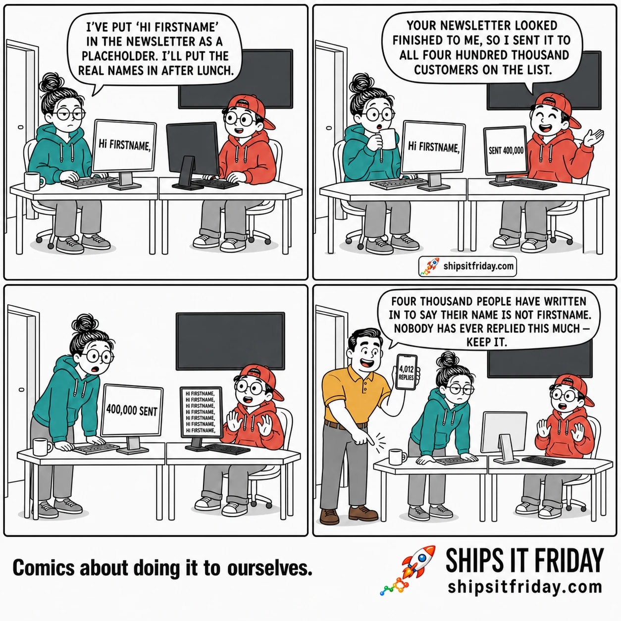 Four panels at a two-desk pod by a window. Panel 1: June seated at her desk, mug beside her, Toby seated at the next desk. Her monitor reads 'Hi FIRSTNAME,'. June: 'I've put Hi FIRSTNAME in the newsletter as a placeholder. I'll put the real names in after lunch.' Panel 2: same desks, June stopped with her mug halfway up, Toby lifting a hand off his mouse. His monitor reads 'SENT 400,000'; hers still reads 'Hi FIRSTNAME,'. Toby: 'Your newsletter looked finished to me, so I sent it to all four hundred thousand customers on the list.' Panel 3, silent: June is up out of her chair leaning on Toby's desk with both hands, mug set down. Toby's monitor is a tall column of identical rows all reading 'Hi FIRSTNAME,'; June's reads '400,000 SENT'. Panel 4: Dale has come in and stands at the end of the desks holding up his phone, which reads '4,012 REPLIES'. June is still leaning on the desk, Toby still seated, the identical rows still on his monitor. Dale: 'Four thousand people have written in to say their name is not FIRSTNAME. Nobody has ever replied this much — keep it.'