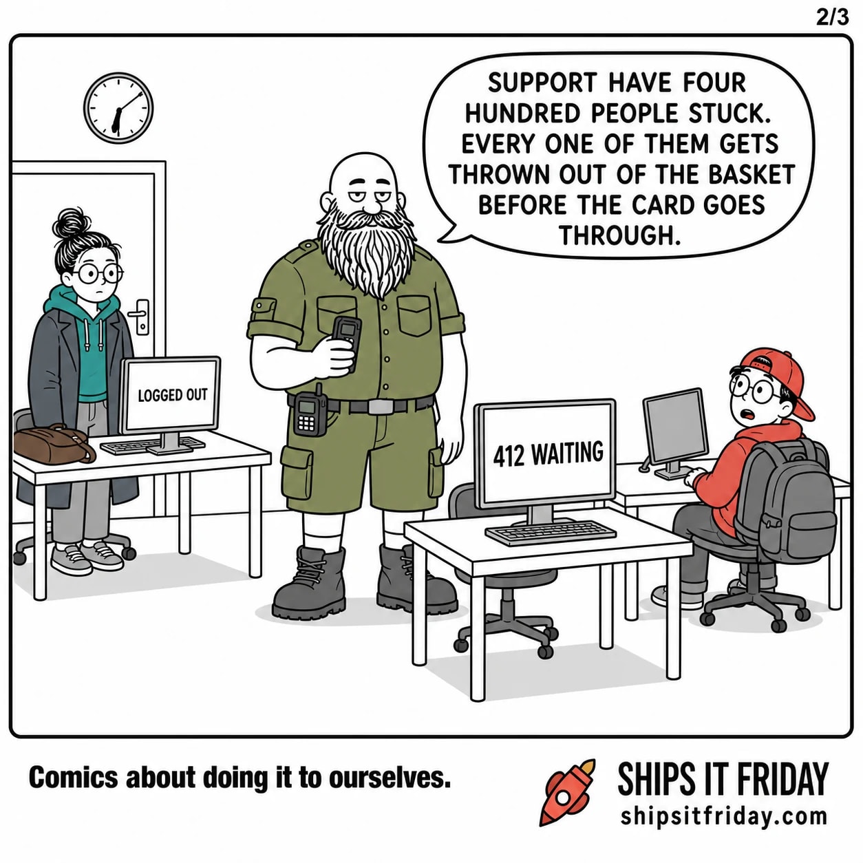 One panel at Russ's desk. Russ, phone lowered, his monitor reading 412 WAITING. He says, 'Support have four hundred people stuck. Every one of them gets thrown out of the basket before the card goes through.'