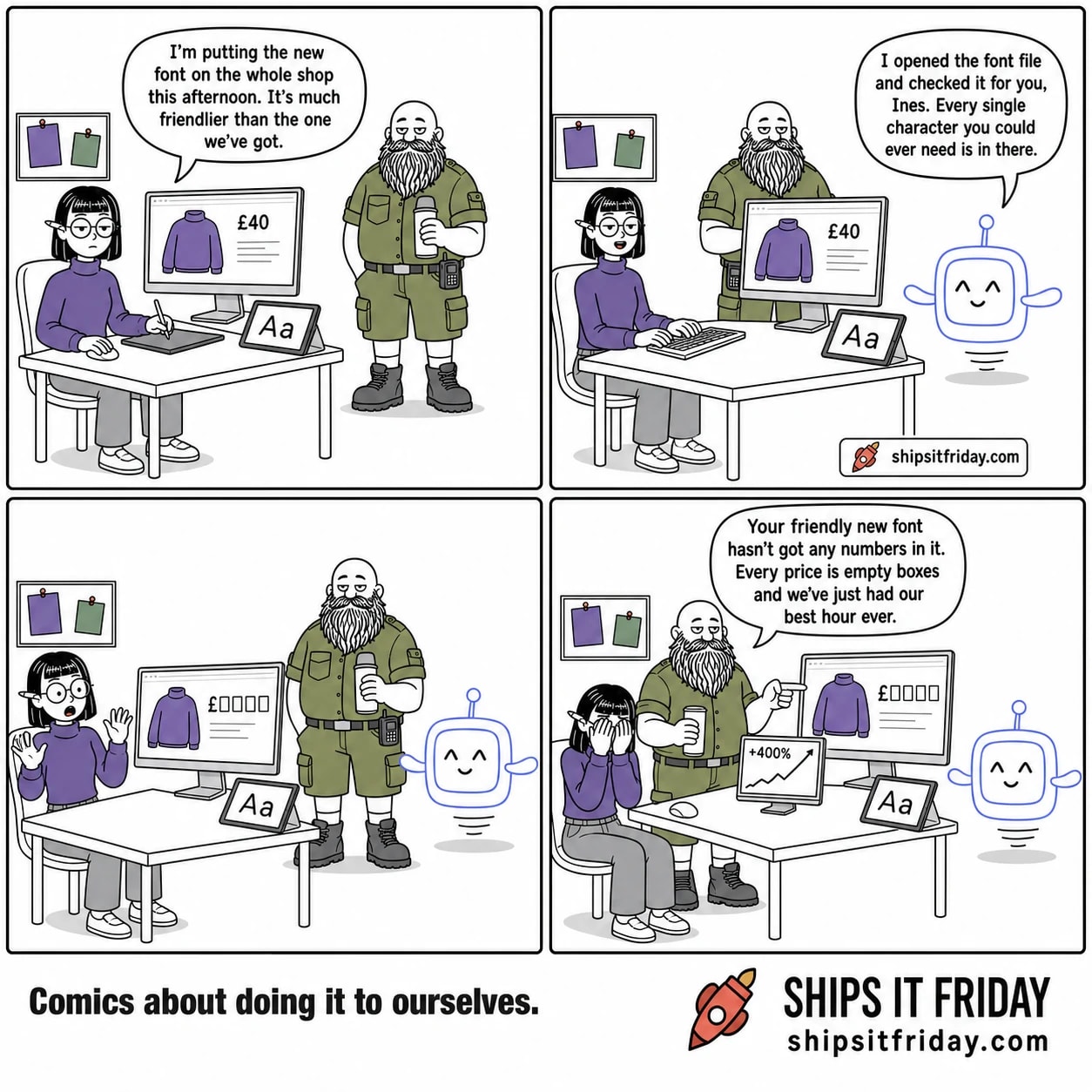 Four panels at a designer's desk. 1) Ines, seated at her desk with her drawing tablet beside her and Russ leaning on the desk corner with his mug: 'I'm putting the new font on the whole shop this afternoon. It's much friendlier than the one we've got.' The monitor shows a jumper priced £40. 2) Pip, the little AI, hovers beside the monitor: 'I opened the font file and checked it for you, Ines. Every single character you could ever need is in there.' 3) Silent panel: the monitor now shows the shop page in the new rounded font, headings fine, but the price is a pound sign followed by a row of empty boxes. Ines's hands are frozen above the keyboard; Russ has straightened up. 4) Russ, still standing, points at a second screen showing a steep climbing line and '+400%': 'Your friendly new font hasn't got any numbers in it. Every price is empty boxes and we've just had our best hour ever.' Ines has both hands over her face.
