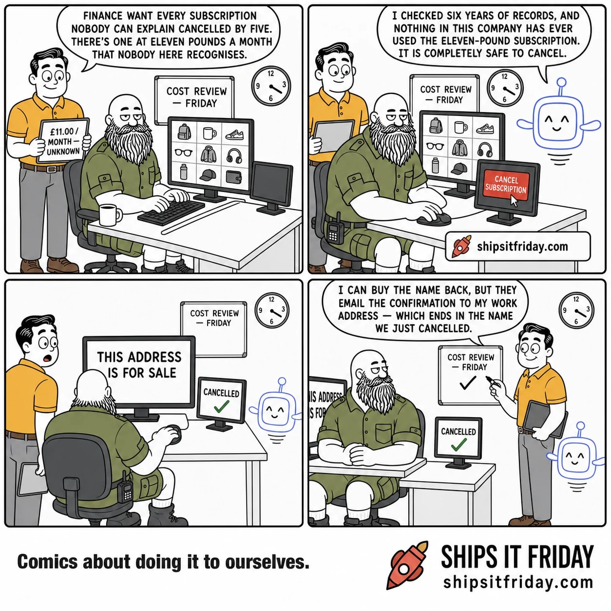 Four panels at Russ's on-call desk. Panel 1: Russ seated at the keyboard, Dale standing behind him holding a tablet reading '£11.00 / MONTH — UNKNOWN'; the big monitor shows the live shop; a whiteboard reads 'COST REVIEW — FRIDAY'. Dale says, 'Finance want every subscription nobody can explain cancelled by five. There's one at eleven pounds a month that nobody here recognises.' Panel 2: Russ's hand on the mouse, cursor over a big red 'CANCEL SUBSCRIPTION' button on the small monitor, Pip hovering beside it. Pip says, 'I checked six years of records, and nothing in this company has ever used the eleven-pound subscription. It is completely safe to cancel.' Panel 3, silent: wide on the desk, the big monitor now showing a bare white page reading 'THIS ADDRESS IS FOR SALE', the small monitor reading 'CANCELLED' with a green tick, Dale wide-eyed behind Russ. Panel 4: Dale at the whiteboard putting a tick beside 'COST REVIEW — FRIDAY', the for-sale page still on the monitor. Russ says, 'I can buy the name back, but they email the confirmation to my work address — which ends in the name we just cancelled.'