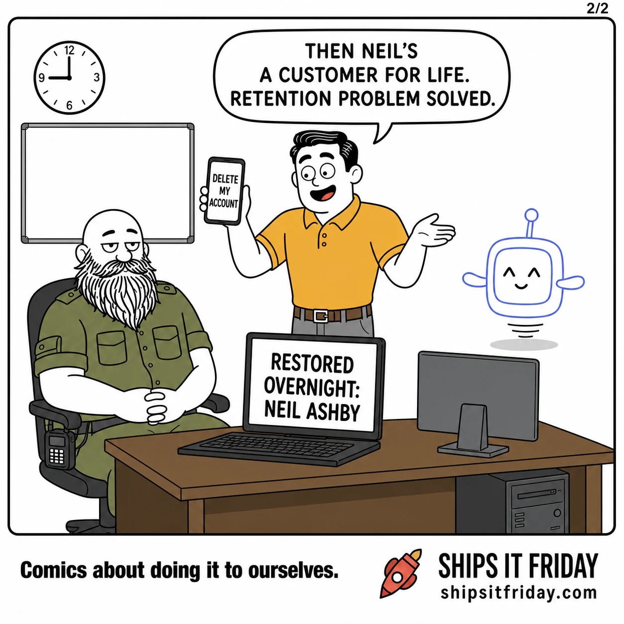 One panel at Russ's on-call desk: a wide desk with two monitors, a keyboard, a dusty tower humming underneath, a blank whiteboard on the wall behind and a plain analog wall clock reading just gone nine. 5: Dale raises his phone with another DELETE MY ACCOUNT message, delighted — 'Then Neil's a customer for life. Retention problem solved.'