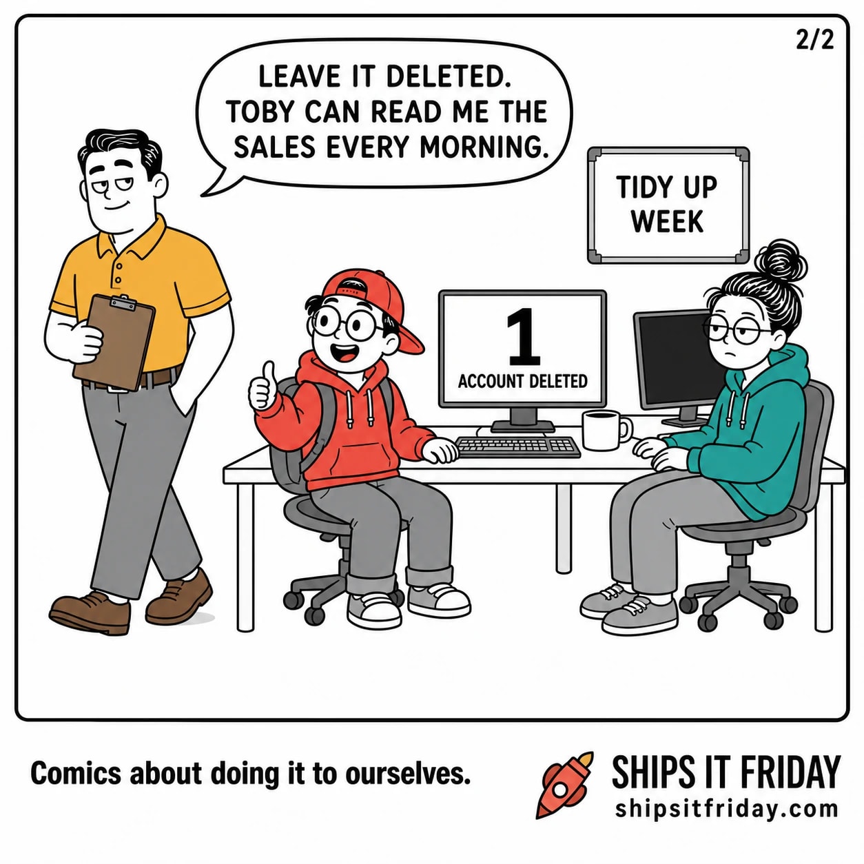 One panel in an open-plan office. Panel 5, wide: Dale turning away with the clipboard under his arm, Toby twisted round in his chair with a thumbs up, June still seated watching Dale go, the screen still reading 1 ACCOUNT DELETED. Dale: "Leave it deleted. Toby can read me the sales every morning."