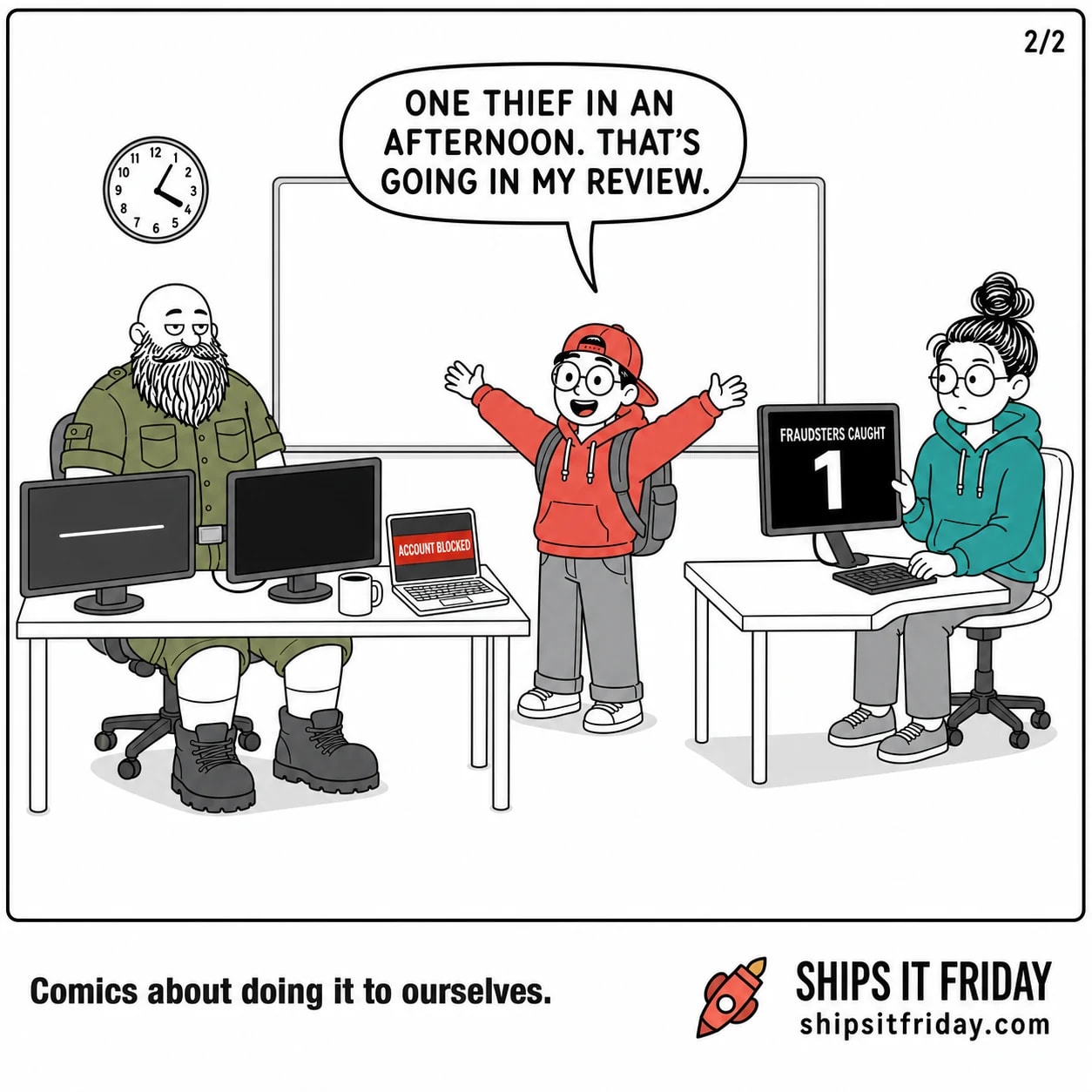 One panel at two desks in an office on-call corner. Panel 5: Toby straightens up with both hands spread wide, grinning, laptop still showing ACCOUNT BLOCKED beside him, and says, "One thief in an afternoon. That's going in my review."
