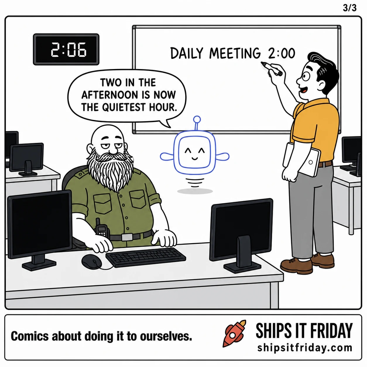 One panel at Russ's desk. 6: Dale writing 'DAILY MEETING 2:00' on the whiteboard, Russ still seated, all monitors black, clock 2:06. Pip: 'Two in the afternoon is now the quietest hour.'