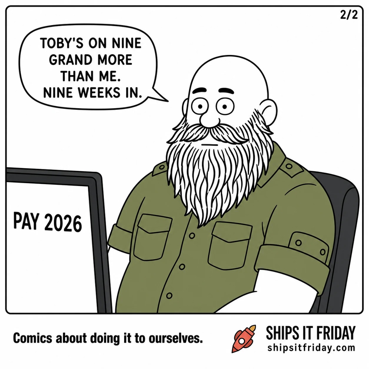One panel, close-up on Russ. His face is flat, still looking at the screen. He says, 'Toby's on nine grand more than me. Nine weeks in.'