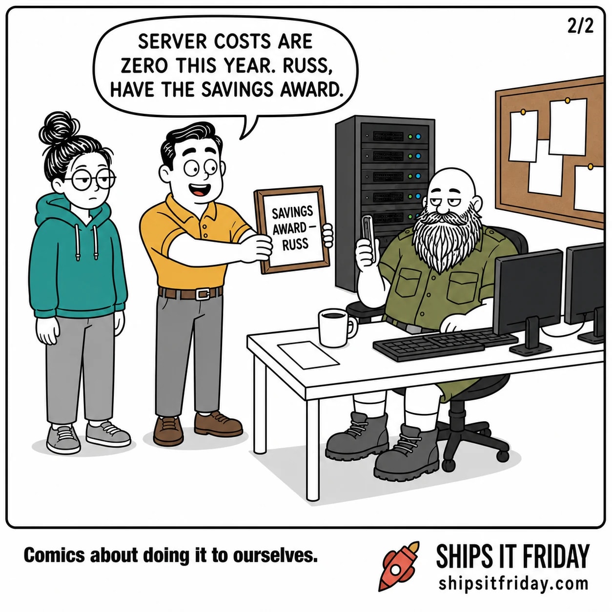 One panel at Russ's desk in the office, a rack of blinking server kit behind him. Panel 5: Dale arrives at the desk holding out a framed certificate reading 'SAVINGS AWARD — RUSS'. Dale: 'Server costs are zero this year. Russ, have the savings award.'