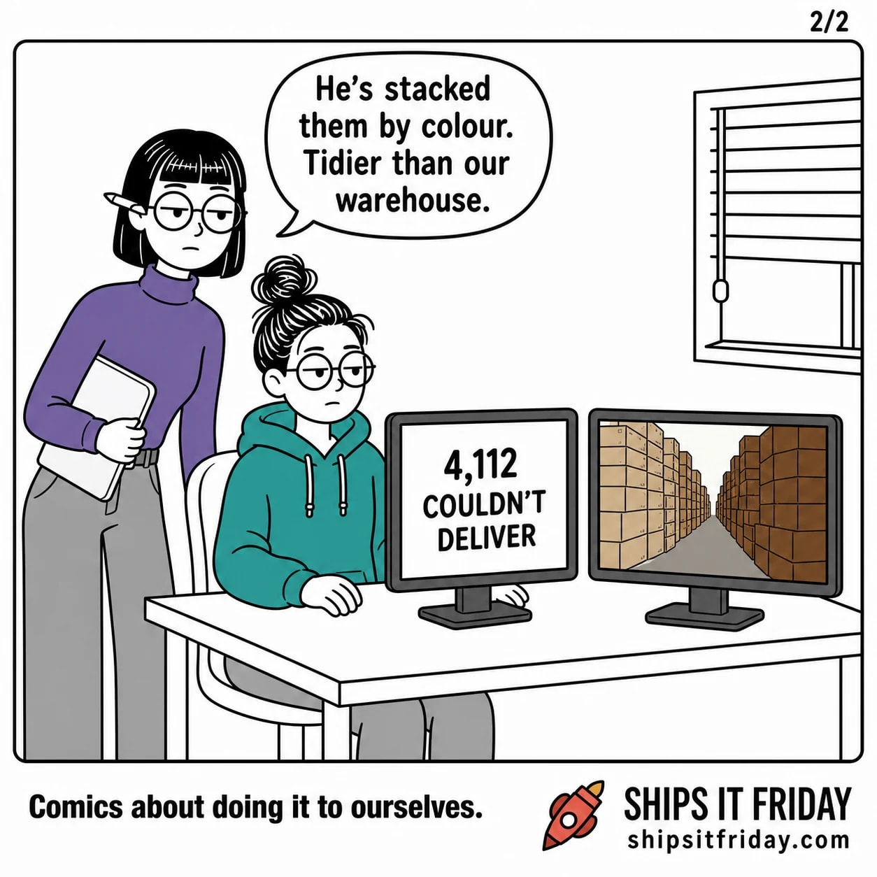 One panel at June's desk. Ines leans in over June's shoulder at a second photo of the same hallway, parcels now stacked in neat colour order. Ines: "He's stacked them by colour. Tidier than our warehouse."