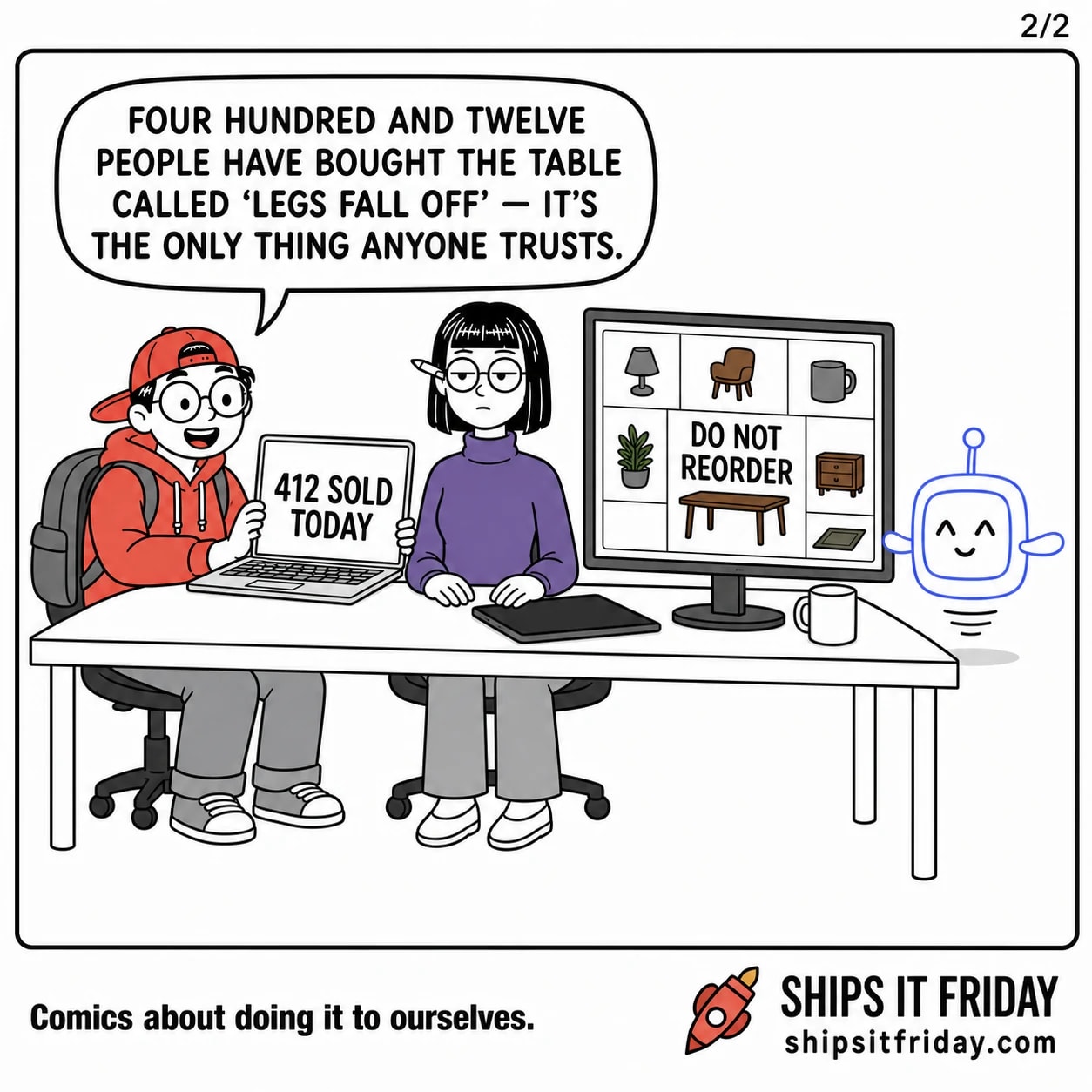 One panel at an office desk. Panel 5: Toby turns his laptop, which reads '412 SOLD TODAY', and says 'Four hundred and twelve people have bought the table called LEGS FALL OFF — it's the only thing anyone trusts.'