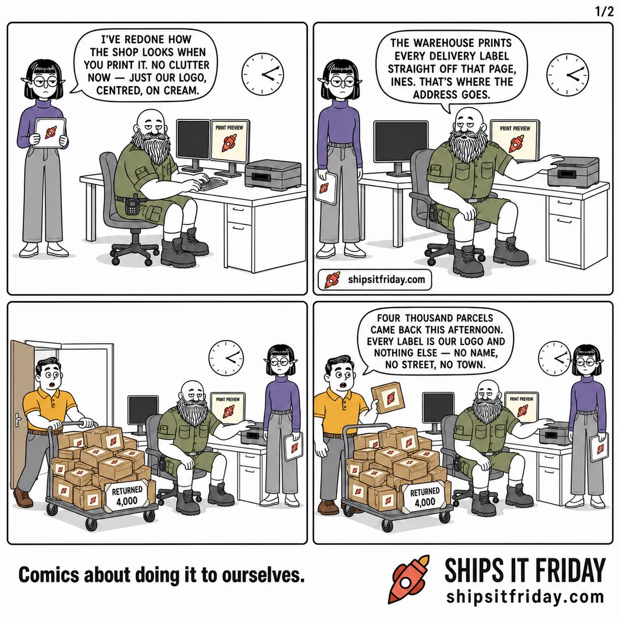 Four panels in the ops corner of an office. Panel 1: Ines stands at Russ's desk holding a tablet, Russ seated at the keyboard. His monitor reads PRINT PREVIEW above a big centred logo on cream. Ines: "I've redone how the shop looks when you print it. No clutter now — just our logo, centred, on cream." Panel 2: Russ swivels to face her, a hand on the office printer. Russ: "The warehouse prints every delivery label straight off that page, Ines. That's where the address goes." Panel 3, silent: Dale pushes a mail trolley in through the goods-in door, heaped with returned parcels, every label a big logo and nothing else. A note on the handle reads RETURNED 4,000. Panel 4: Dale holds a returned parcel up. Dale: "Four thousand parcels came back this afternoon. Every label is our logo and nothing else — no name, no street, no town."