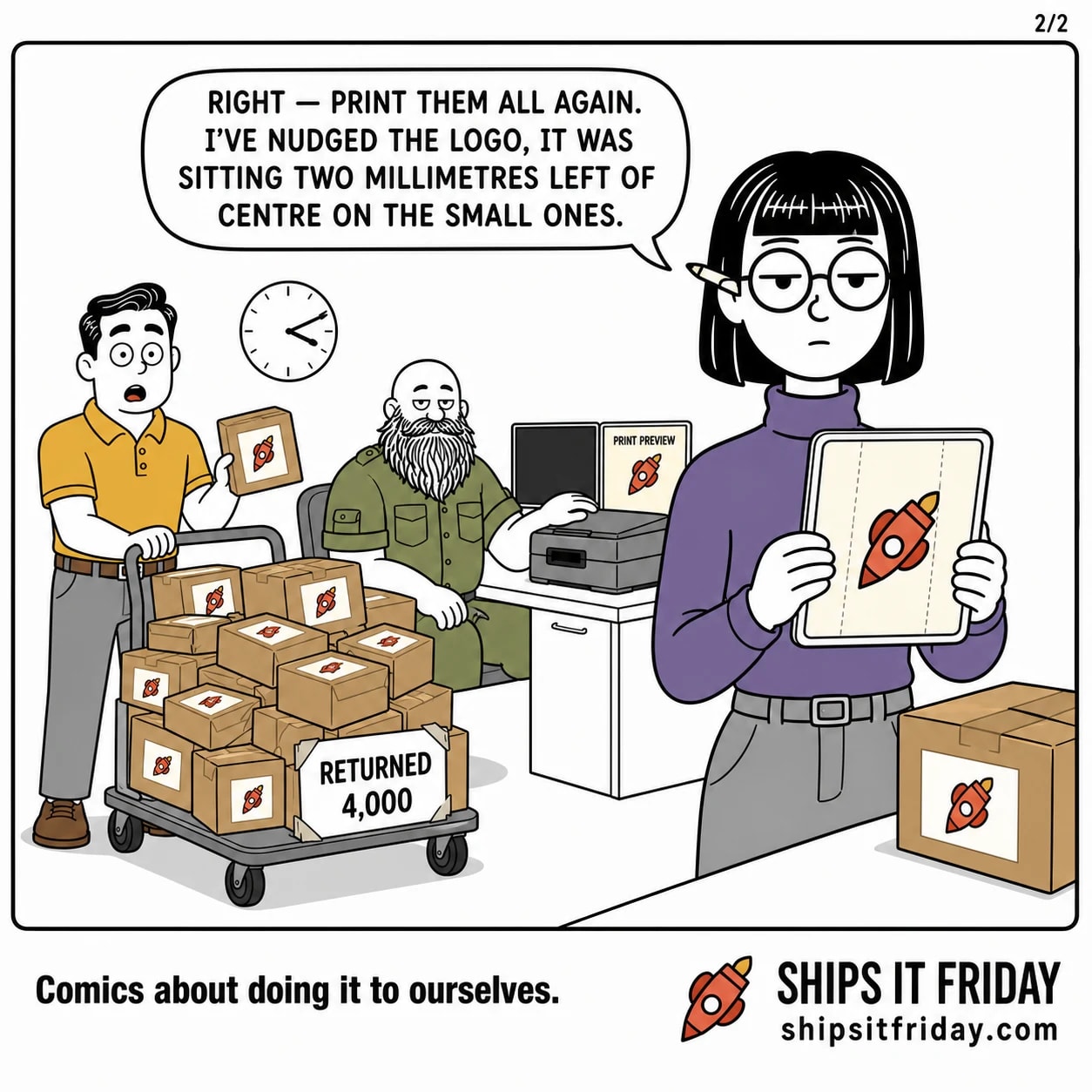 One panel in the ops corner of an office. Ines holds her tablet up beside one of the labels to compare them. Ines: "Right — print them all again. I've nudged the logo, it was sitting two millimetres left of centre on the small ones."