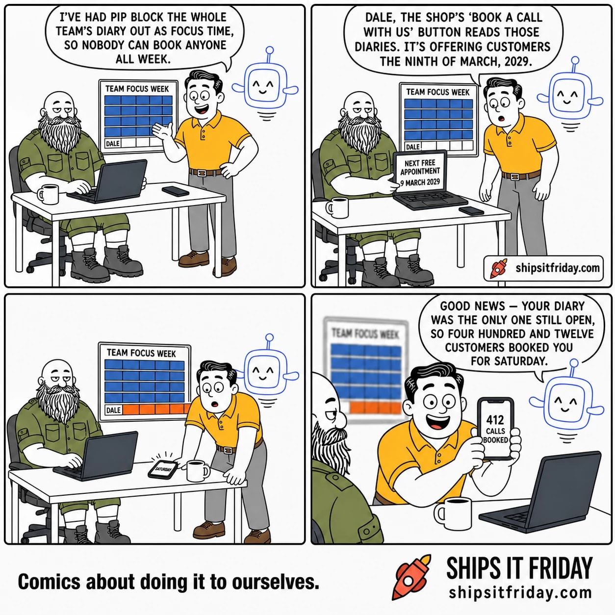 Four panels in an open-plan office under a wall-mounted week planner. Panel 1: Dale stands at the planner, hand raised toward it, Russ seated at the desk below, Pip hovering. Dale: 'I've had Pip block the whole team's diary out as focus time, so nobody can book anyone all week.' The planner reads TEAM FOCUS WEEK over rows of solid blue blocks, with an empty row labelled DALE at the bottom. Panel 2: Russ has opened his laptop and turned it to face Dale. Russ: 'Dale, the shop's book a call with us button reads those diaries. It's offering customers the ninth of March, 2029.' The laptop reads NEXT FREE APPOINTMENT, 9 MARCH 2029. Panel 3, silent: Dale leans over the desk staring at his phone, which has lit up and is buzzing; on the planner above, the empty DALE row is filling with orange blocks running off the edge. The phone shows one word, SATURDAY. Panel 4: Dale holds the phone up in both hands, showing 412 CALLS BOOKED. Pip, hovering beside him: 'Good news — your diary was the only one still open, so four hundred and twelve customers booked you for Saturday.'