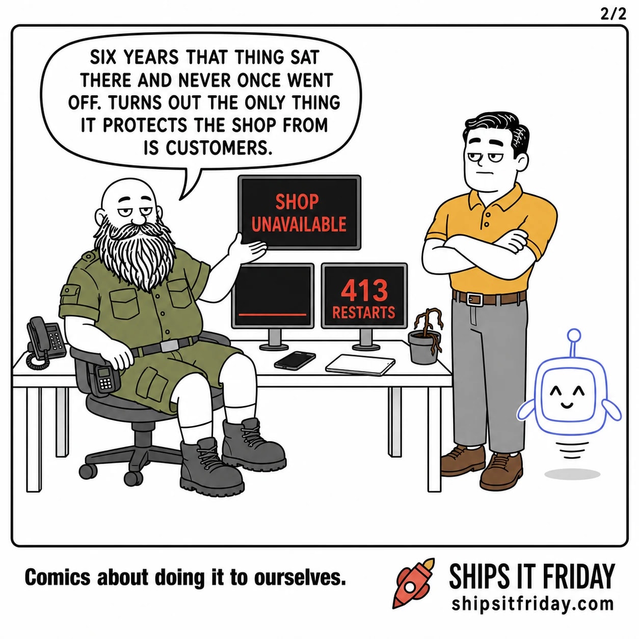 One panel at the on-call desk. 5: Russ turns in his chair to Dale, who has folded his arms. The monitor now reads 413 RESTARTS. Russ: 'Six years that thing sat there and never once went off. Turns out the only thing it protects the shop from is customers.'