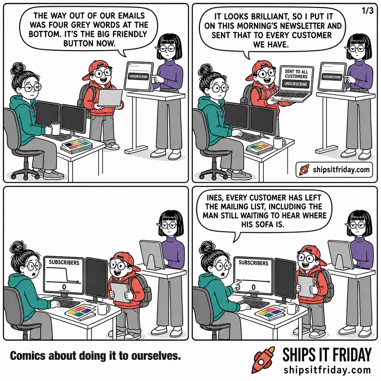 Four panels in one office corner. 1: Ines stands at her tablet showing an email header with a huge UNSUBSCRIBE button; she says 'The way out of our emails was four grey words at the bottom. It's the big friendly button now.' Toby stands beside her holding an open laptop, June seated nearby with a mug. 2: Toby turns his laptop to camera showing the same header and SENT TO ALL CUSTOMERS, saying 'It looks brilliant, so I put it on this morning's newsletter and sent that to every customer we have.' 3: Silent. June has spun to her desk; her monitor reads SUBSCRIBERS with a line dropping off a cliff to flat and the numeral 0. Toby leans in with his laptop now shut. 4: June, still seated, twists round to Ines: 'Ines, every customer has left the mailing list, including the man still waiting to hear where his sofa is.'