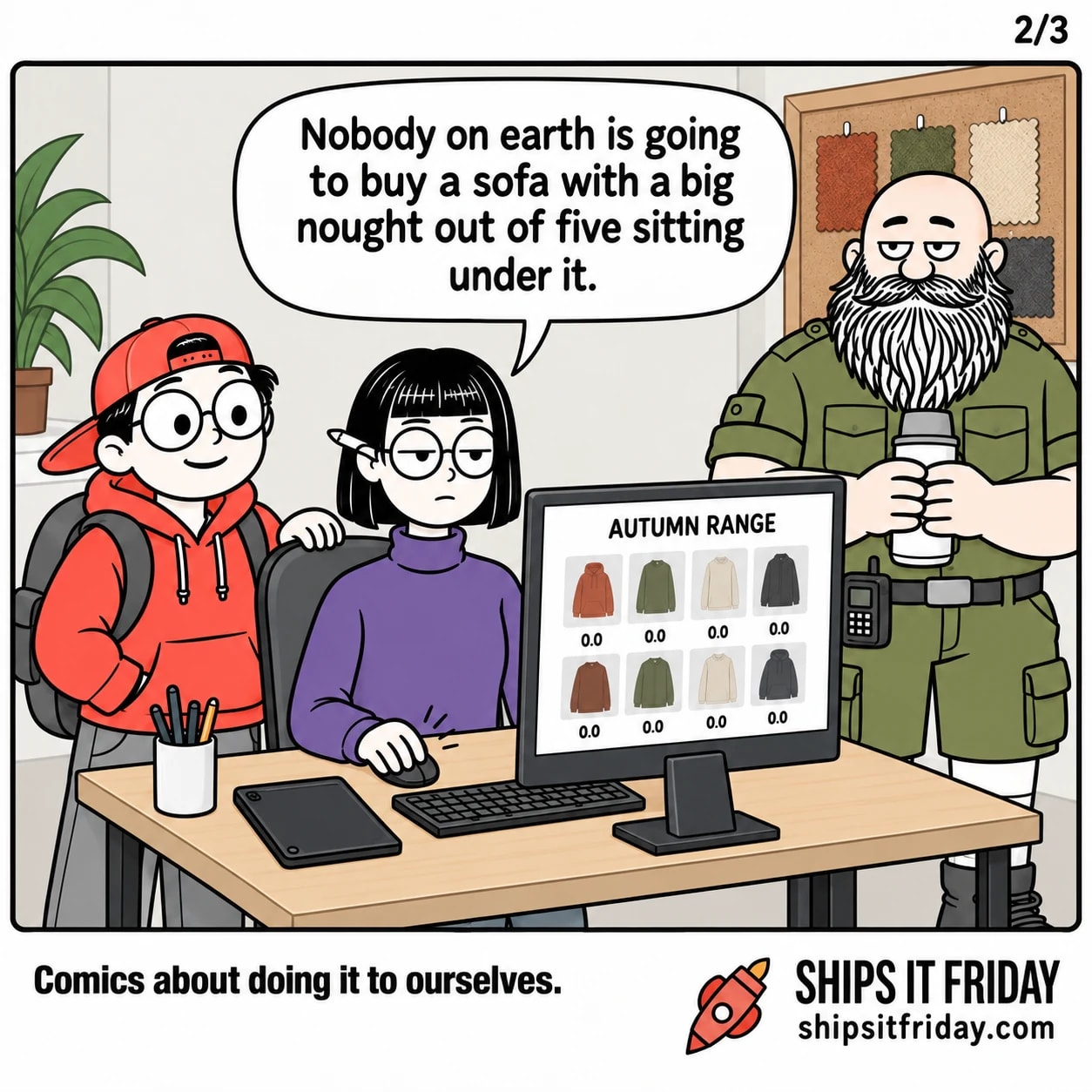 One panel at the same desk. Ines clicks back towards the front page, the grid of noughts still on screen. Ines: 'Nobody on earth is going to buy a sofa with a big nought out of five sitting under it.'