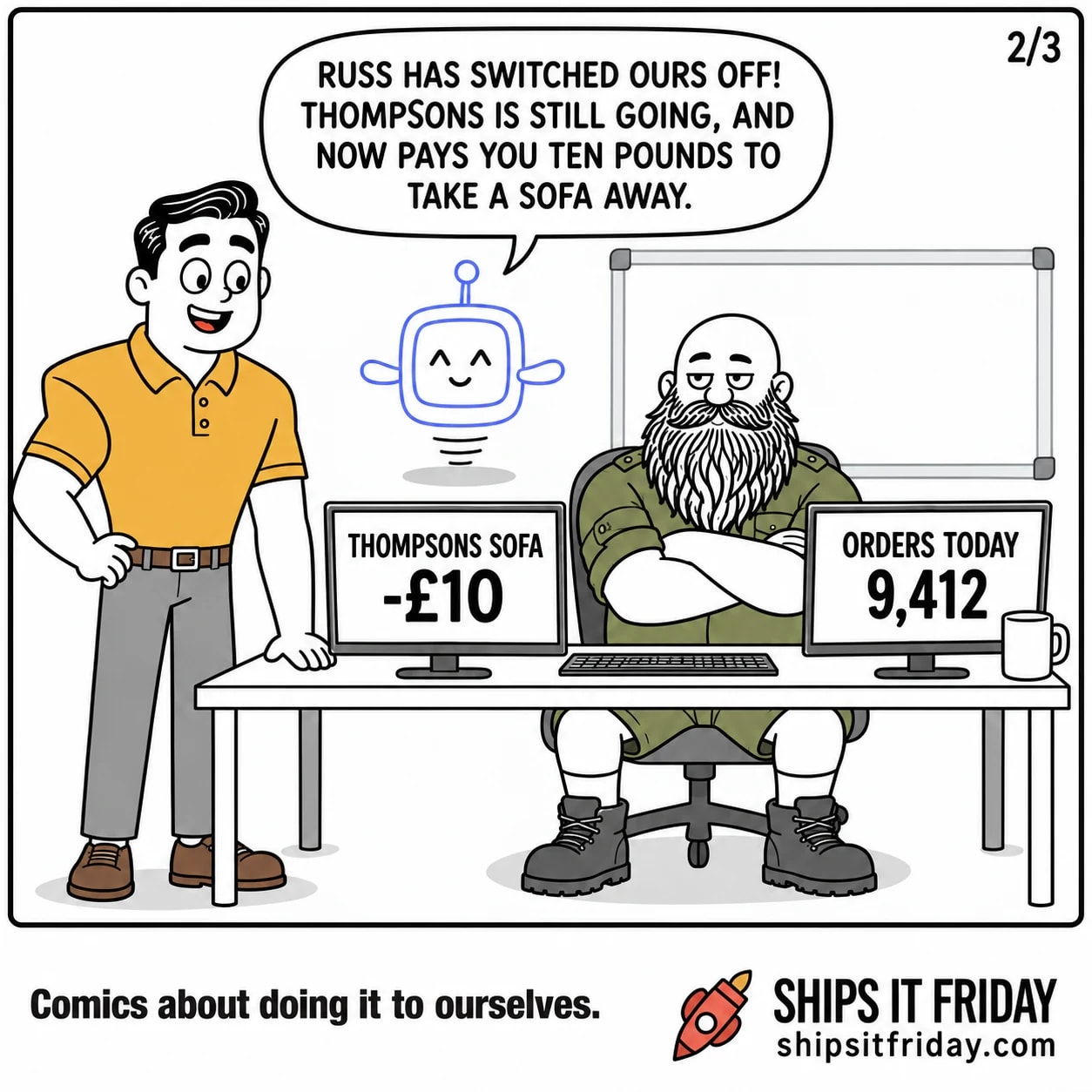 One panel at Russ's desk. Russ sits with arms folded; the left monitor now reads THOMPSONS SOFA -£10. Pip, hovering beside the left monitor: 'Russ has switched ours off! Thompsons is still going, and now pays you ten pounds to take a sofa away.'