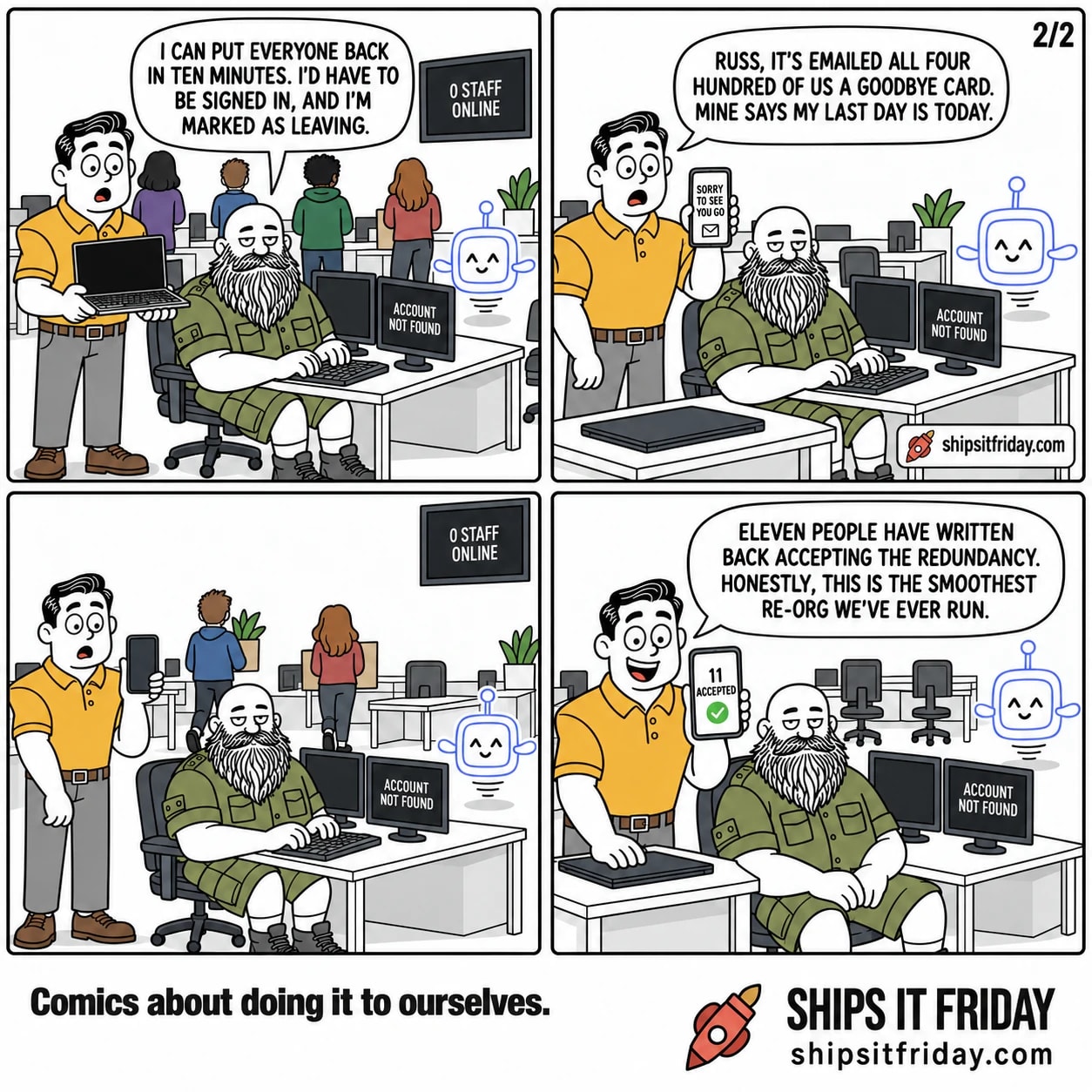 Four panels at Russ's desk in the same open-plan office. Panel 5: Russ types with no result, Dale standing over him with the dark laptop. Russ: 'I can put everyone back in ten minutes. I'd have to be signed in, and I'm marked as leaving.' Panel 6: Dale has set the laptop on the desk and holds up his phone, which reads SORRY TO SEE YOU GO. Dale: 'Russ, it's emailed all four hundred of us a goodbye card. Mine says my last day is today.' Panel 7, silent: two colleagues in coats walk away down the office carrying cardboard boxes with a desk plant in one, two desks now bare, the wall TV still reading 0 STAFF ONLINE. Panel 8: Dale beams, phone turned to the reader reading 11 ACCEPTED, Russ seated with his hands in his lap. Dale: 'Eleven people have written back accepting the redundancy. Honestly, this is the smoothest re-org we've ever run.'
