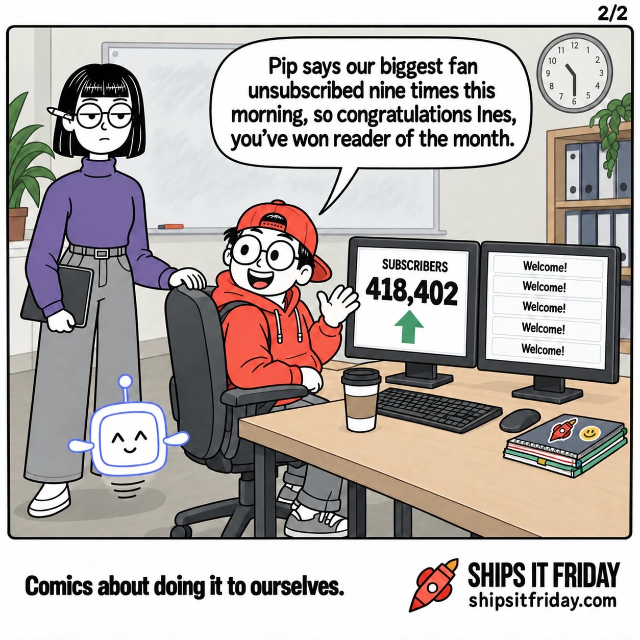 One panel at Toby's office desk. Panel 5: Toby swings round in his chair, delighted, the counter behind him now reading 418,402. Toby: 'Pip says our biggest fan unsubscribed nine times this morning, so congratulations Ines, you've won reader of the month.'