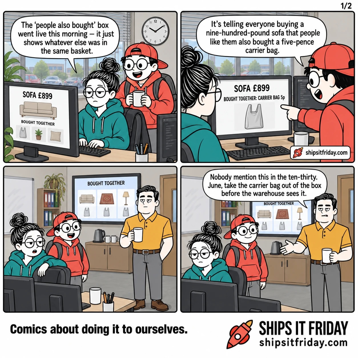 Four panels in an office. Panel 1: June seated at her desk with two monitors, Toby standing beside her with a mug. Her screen reads SOFA £899, BOUGHT TOGETHER. June: 'The people also bought box went live this morning — it just shows whatever else was in the same basket.' Panel 2: close on the monitor, now reading BOUGHT TOGETHER: CARRIER BAG 5p. Toby points at it. Toby: 'It's telling everyone buying a nine-hundred-pound sofa that people like them also bought a five-pence carrier bag.' Panel 3, silent: reverse angle on the door corner, Dale standing at the big wall screen with a mug, June swivelled round, Toby halfway between. The wall screen shows the shop front page, BOUGHT TOGETHER across the top, a sofa, a rug and a lamp each with the same little grey carrier bag underneath. Panel 4: Dale, hand out towards June, the wall of bags still behind him. Dale: 'Nobody mention this in the ten-thirty. June, take the carrier bag out of the box before the warehouse sees it.'