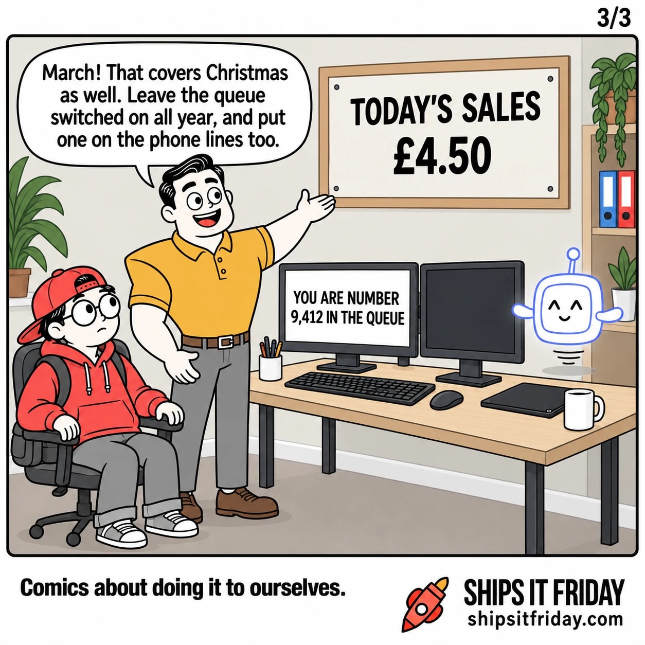 One panel in the same office corner. Dale beams and points at the £4.50 board: 'March! That covers Christmas as well. Leave the queue switched on all year, and put one on the phone lines too.'