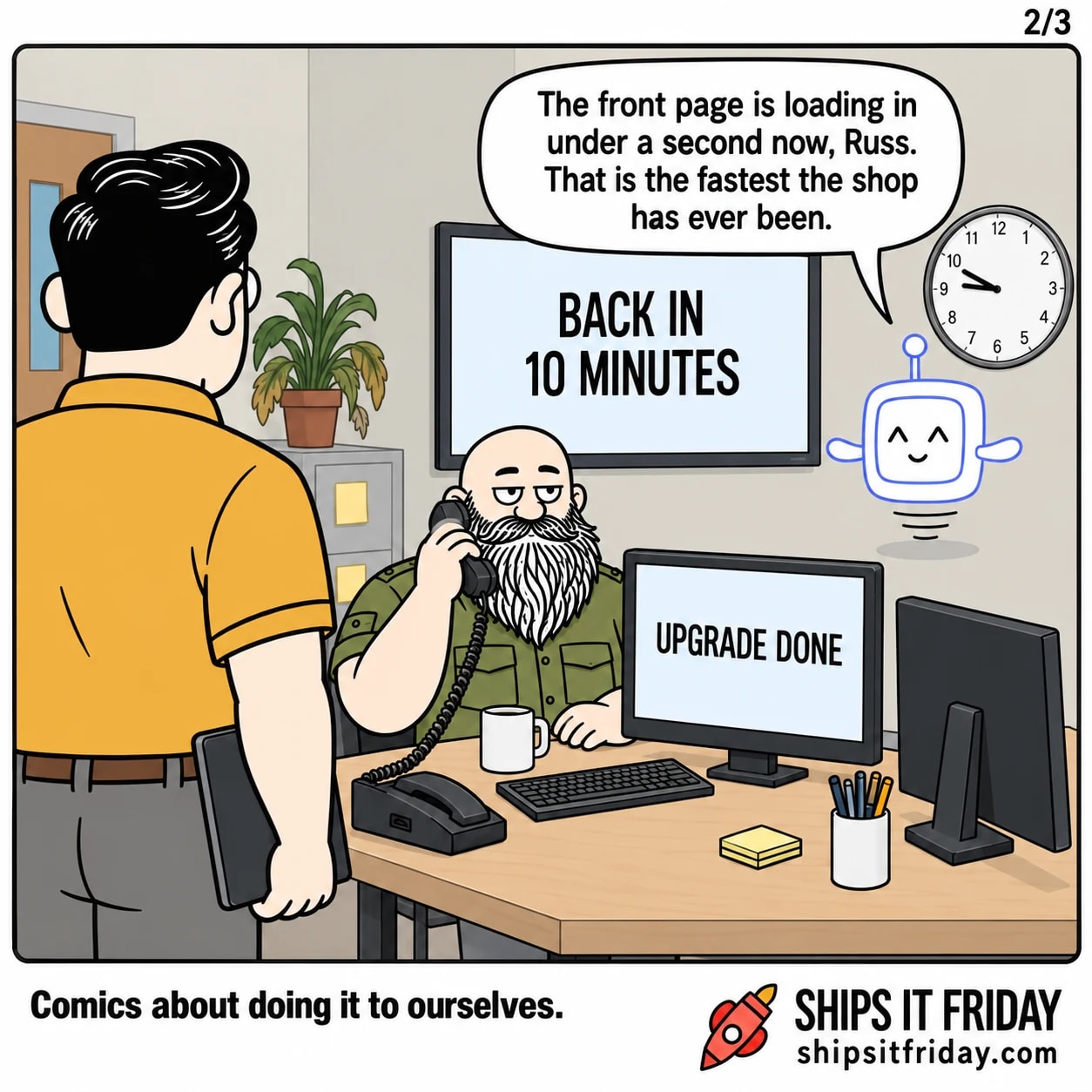 One panel in the on-call corner of an office. Russ has the office phone to his ear, and the big wall screen behind him still reads BACK IN 10 MINUTES. Pip: 'The front page is loading in under a second now, Russ. That is the fastest the shop has ever been.'