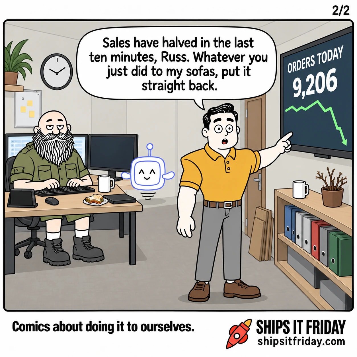 One panel in the same on-call corner of the open-plan office, at the big wall-mounted sales TV on the right-hand wall above the shelf of ring binders and the dead pot plant. Panel 5: Dale under the wall TV, which now reads ORDERS TODAY 9,206 above a line falling off a cliff, pointing at it. Dale: 'Sales have halved in the last ten minutes, Russ. Whatever you just did to my sofas, put it straight back.'