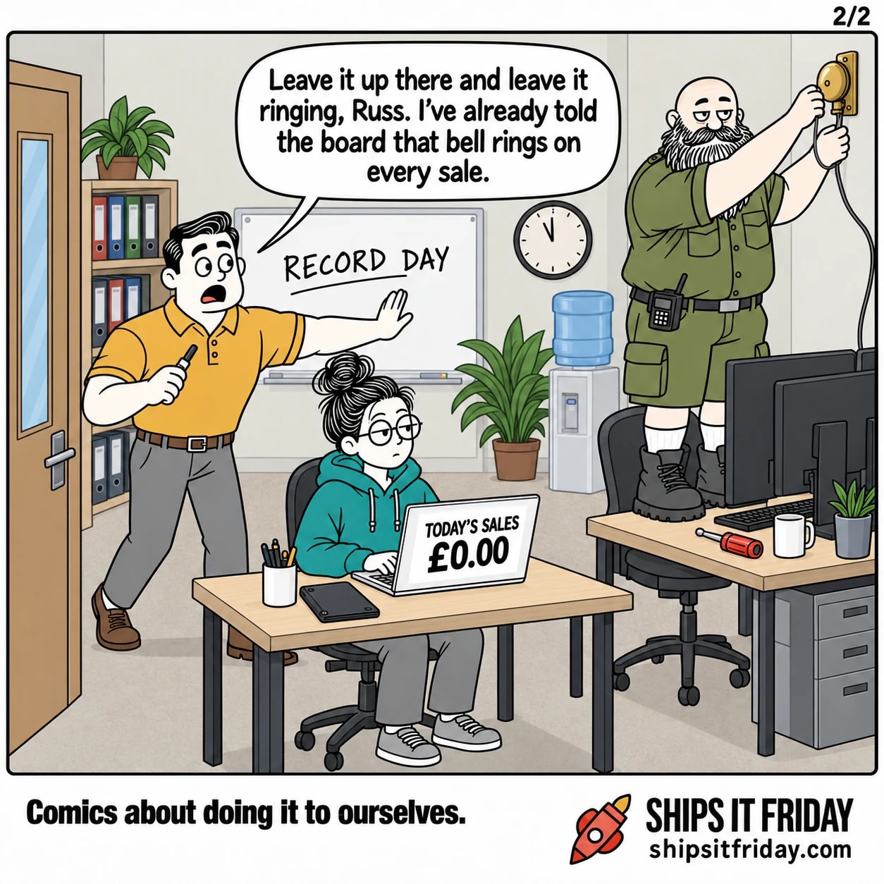 One panel in the same office corner. Panel 5: wide shot, Russ standing on his chair reaching up to unhook the bell, Dale striding over with a palm out to stop him, June still seated with £0.00 on her laptop and RECORD DAY still on the whiteboard. Dale: 'Leave it up there and leave it ringing, Russ. I've already told the board that bell rings on every sale.'