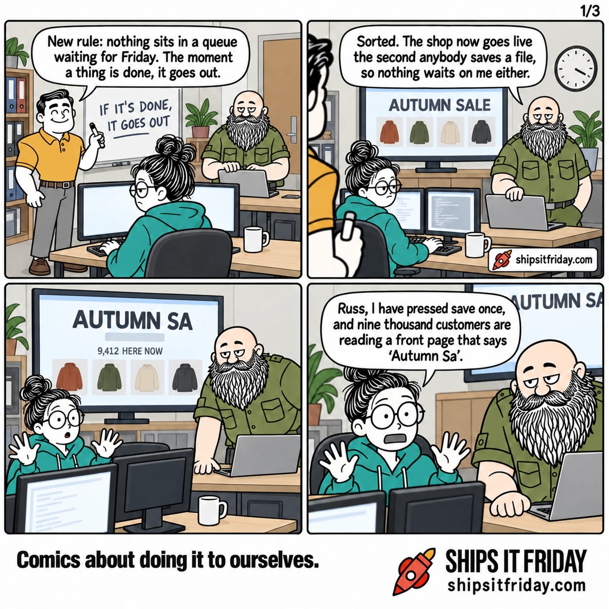 Four panels in one office, one afternoon. 1: Dale at the whiteboard, marker in hand, June seated at her desk, Russ standing at the desk corner with his laptop open. Whiteboard reads 'IF IT'S DONE, IT GOES OUT'. Dale: "New rule: nothing sits in a queue waiting for Friday. The moment a thing is done, it goes out." 2: Reverse angle onto the desk wall, the big wall screen showing the shop front page 'AUTUMN SALE', clock just gone four. Russ, hand on his laptop: "Sorted. The shop now goes live the second anybody saves a file, so nothing waits on me either." 3: Silent. June's hands frozen above the keyboard; the wall screen now reads 'AUTUMN SA' with an empty gap where the price was, and a counter reading '9,412 HERE NOW'. 4: Close on June, hands still up. June: "Russ, I have pressed save once, and nine thousand customers are reading a front page that says 'Autumn Sa'."
