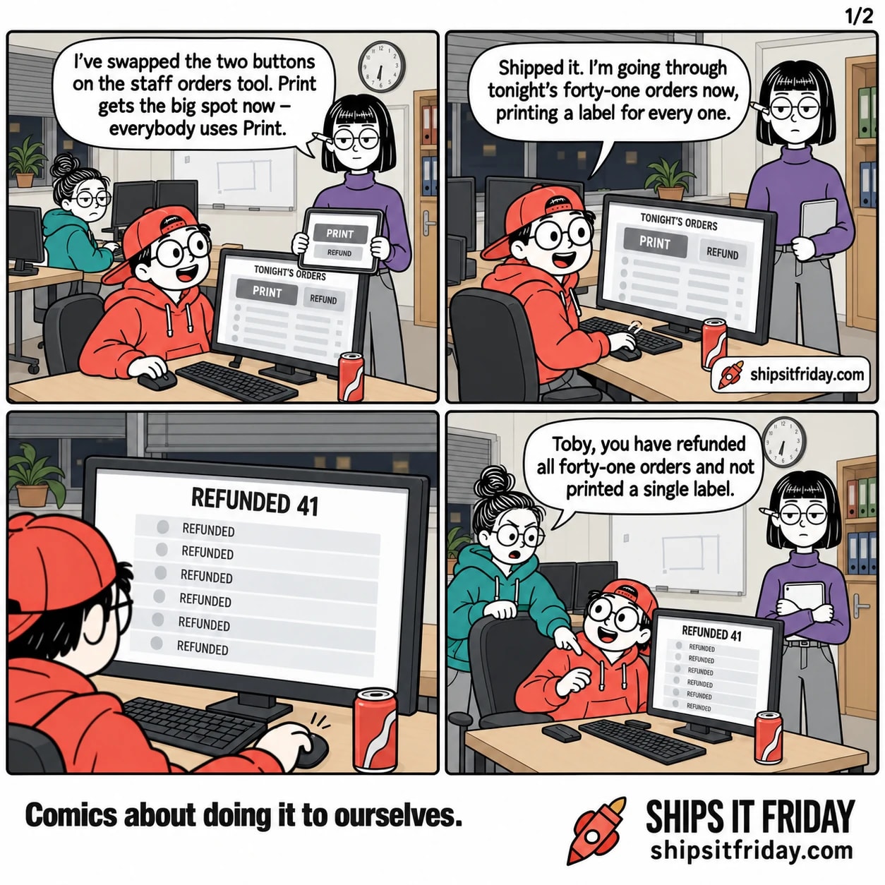 Four panels in one office desk pod on a Friday evening. Panel 1: Ines stands at Toby's desk holding her tablet, which shows a big PRINT button and a small REFUND button; Toby is seated. Ines: "I've swapped the two buttons on the staff orders tool. Print gets the big spot now — everybody uses Print." Panel 2: Toby seated and clicking steadily, his monitor showing tonight's orders with a big PRINT and a plain REFUND at the top. Toby: "Shipped it. I'm going through tonight's forty-one orders now, printing a label for every one." Panel 3, silent: close-up over Toby's shoulder on his monitor reading REFUNDED 41 above a column of identical rows all reading REFUNDED. Panel 4: June standing behind Toby's chair pointing at the screen, Ines holding her tablet to her chest. June: "Toby, you have refunded all forty-one orders and not printed a single label."