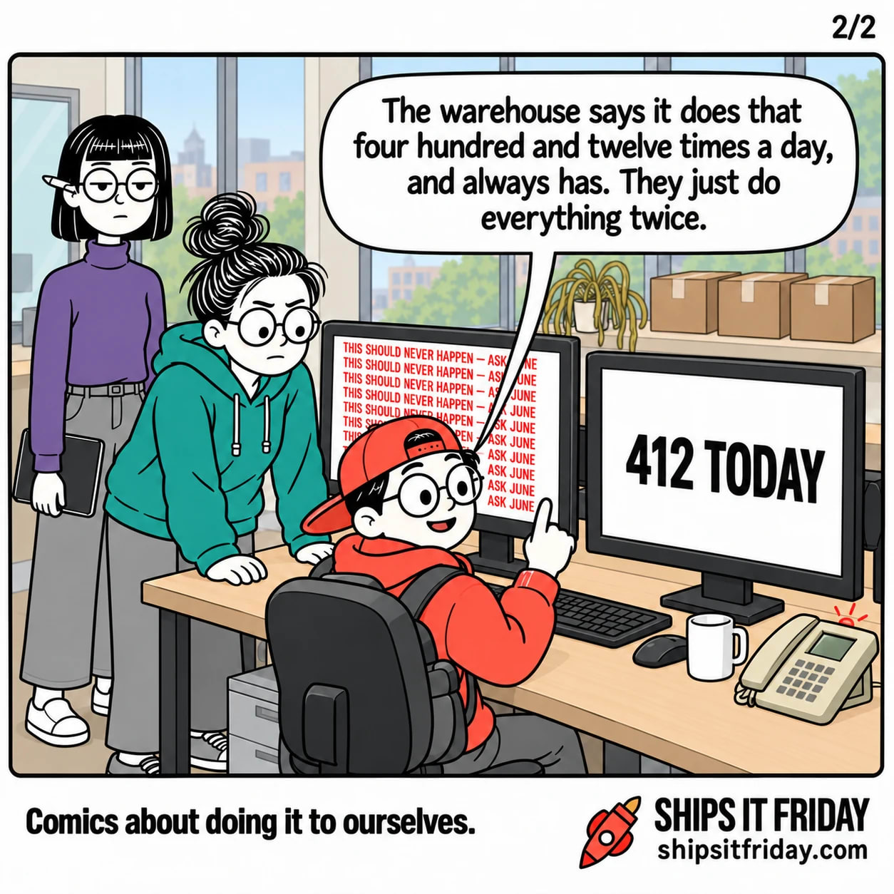One panel in the dev corner of an office. Panel 5: Toby, still seated at June's desk, has woken the second monitor, which reads 412 TODAY, and he says the warehouse says it does that four hundred and twelve times a day and always has, they just do everything twice.