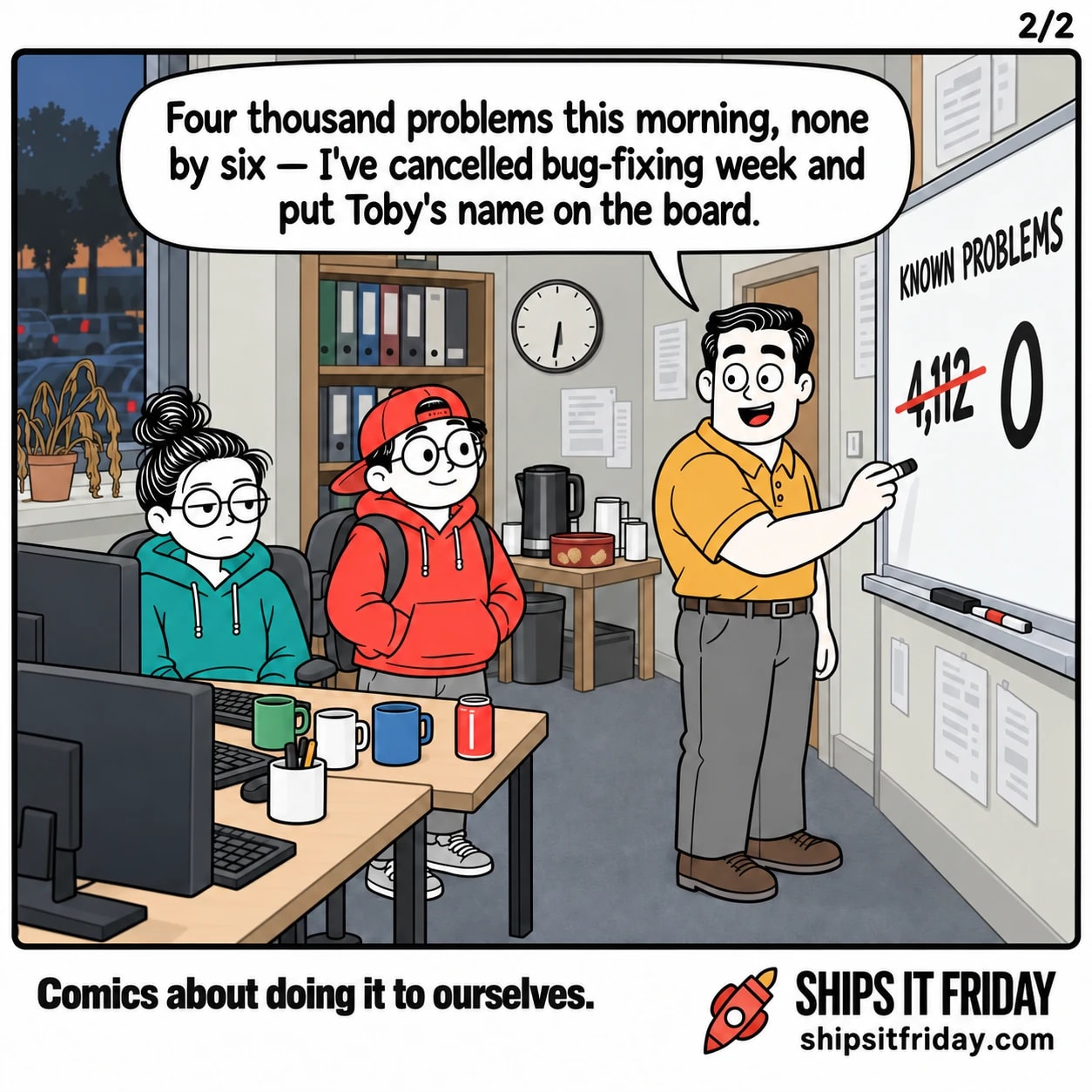 One panel in the dev corner of the office, early evening. Panel 5: wide, Dale at the board with 4,112 crossed out and 0 written beside it. Dale: "Four thousand problems this morning, none by six — I've cancelled bug-fixing week and put Toby's name on the board."