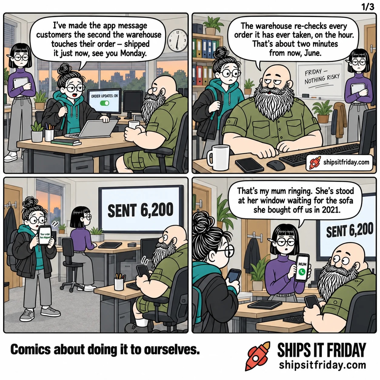 Four panels in one office on a Friday evening. 1: June stands at her desk pulling her coat on, bag on her shoulder, her monitor reading ORDER UPDATES: ON; Russ sits across the floor with his mug. June: 'I've made the app message customers the second the warehouse touches their order — shipped it just now, see you Monday.' 2: Close on Russ seated, whiteboard behind him reading FRIDAY — NOTHING RISKY, June stopped mid-step behind his chair. Russ: 'The warehouse re-checks every order it has ever taken, on the hour. That's about two minutes from now, June.' 3: Silent wide shot of the floor. Every phone is buzzing. June, two steps from the door, holds up her phone reading 'Your order has shipped'. The wall screen above Russ's desk reads SENT 6,200. 4: Ines, standing at her corner desk, holds out her phone showing MUM calling. Ines: 'That's my mum ringing. She's stood at her window waiting for the sofa she bought off us in 2021.'