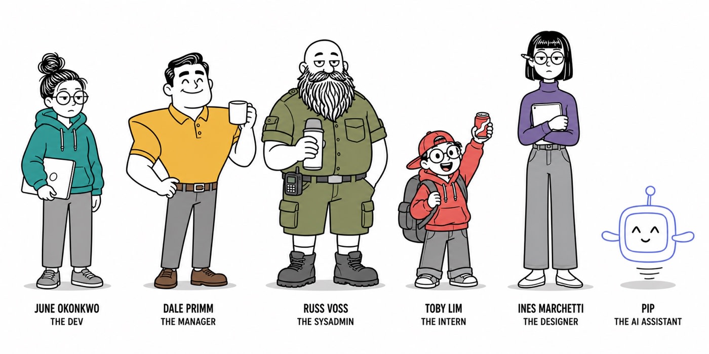 Line-up of six cartoon characters standing side by side on a white background: June, a developer in an oversized teal hoodie with a lopsided top-knot; Dale, a manager in an amber polo holding a mug; Russ, a broad sysadmin with a bare head and enormous beard; Toby, a small intern in a backwards red cap with a large backpack; Ines, a tall designer in a purple turtleneck holding a tablet; and Pip, a small blue hovering robot.