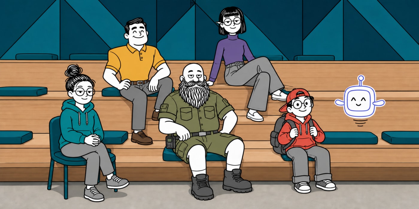 Group portrait of six cartoon characters on wooden bleachers: June seated at the front left; Dale seated behind her; Russ seated in the centre; Ines perched on the upper step; Toby seated at the front right; and Pip, a small blue robot, hovering at the far right.