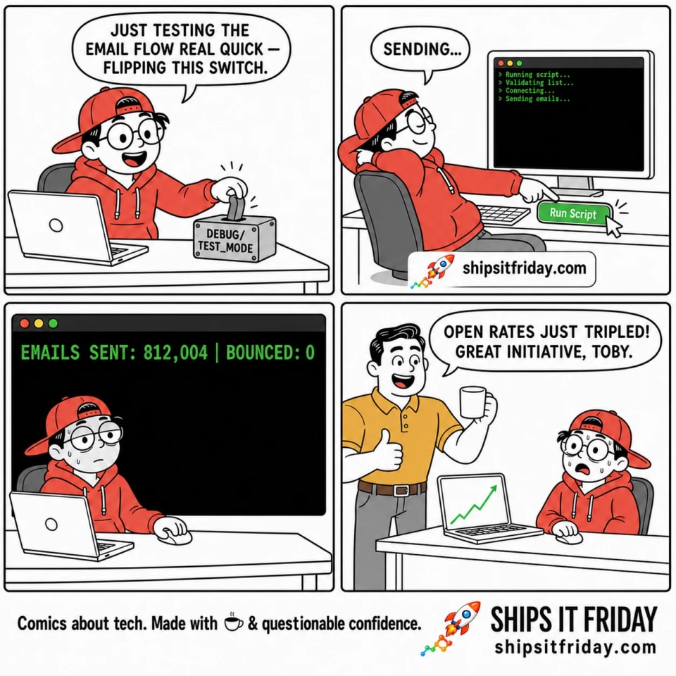 Four-panel cartoon. Panel 1: Toby grins, flipping a DEBUG/TEST_MODE toggle, saying "Just testing the email flow real quick — flipping this switch." Panel 2: Toby clicks Run Script, saying "Sending...", not watching the terminal. Panel 3 (silent): the terminal counter reads "EMAILS SENT: 812,004 | BOUNCED: 0" and Toby is frozen mid-blink. Panel 4: Dale bursts in cheerfully with a spiking chart, saying "Open rates just tripled! Great initiative, Toby." while Toby sits ashen-faced.