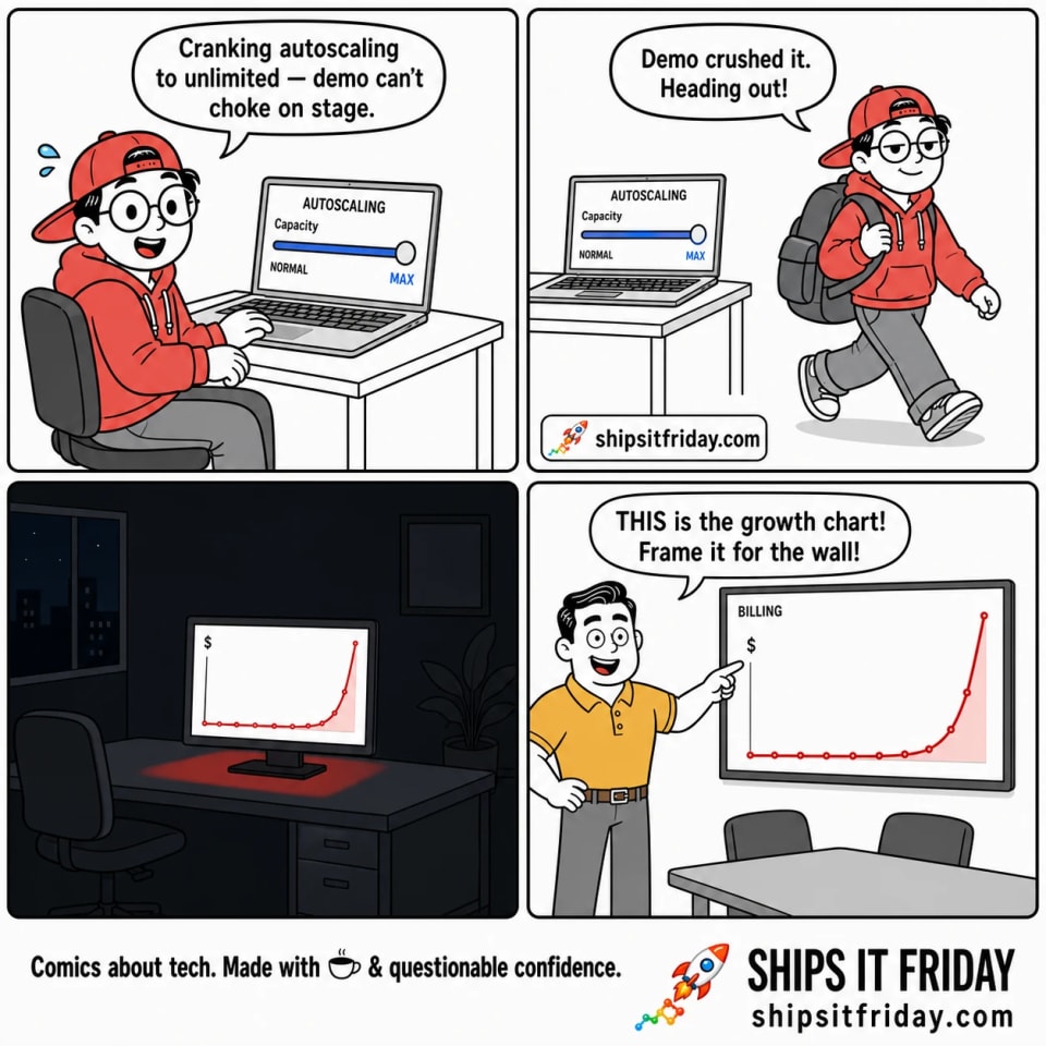 Four-panel cartoon. Panel 1: Toby sets autoscaling to unlimited, saying "Cranking autoscaling to unlimited — demo can't choke on stage." Panel 2: Toby leaves saying "Demo crushed it. Heading out!" while the dashboard stays maxed. Panel 3 (silent): an empty office at night, a cost graph spiking into a steep hockey-stick curve. Panel 4: Dale points at the same chart in a meeting, thrilled, saying "THIS is the growth chart! Frame it for the wall!" — not realising it is the billing graph, not users.