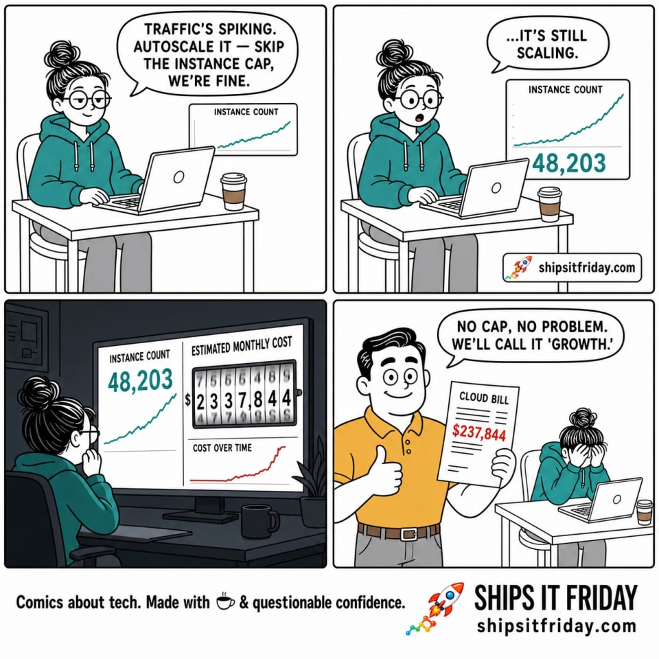 Four-panel cartoon. Panel 1: June, confident, says "Traffic's spiking. Autoscale it — skip the instance cap, we're fine." Panel 2: June, wide-eyed, says "...it's still scaling." Panel 3 (silent): a dashboard shows 48,203 instances and a cost figure spinning upward. Panel 4: Dale, beaming with the bill, says "No cap, no problem. We'll call it growth." while June holds his head in his hands.