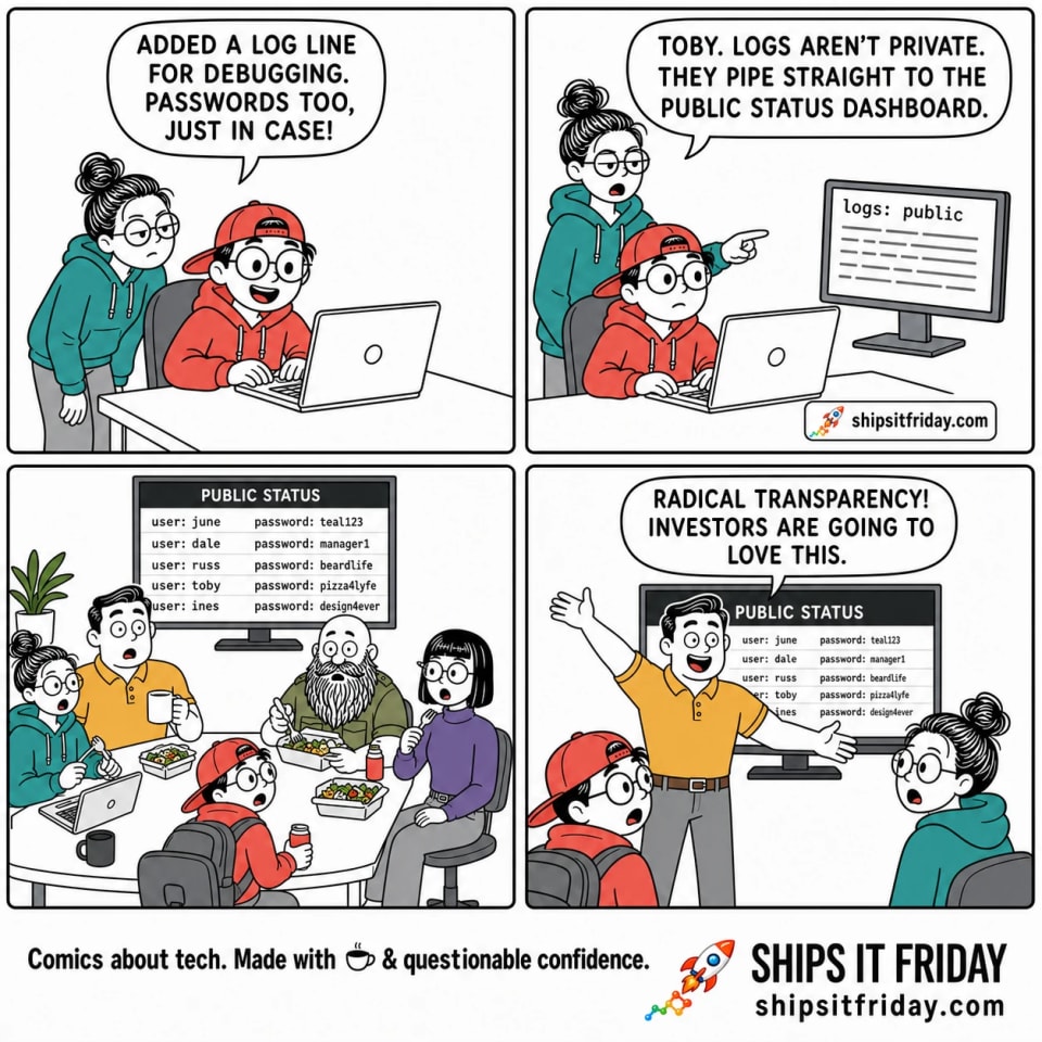 Four-panel cartoon. Panel 1: Toby, grinning, tells June "Added a log line for debugging. Passwords too, just in case!" while committing code. Panel 2: June, alarmed, says "Toby. Logs aren't private. They pipe straight to the public status dashboard." Panel 3 (silent): the office all-hands TV shows the public dashboard scrolling raw passwords while the team stares, frozen. Panel 4: Dale beams, unaware, declaring "Radical transparency! Investors are going to love this." while Toby and June trade horrified looks.