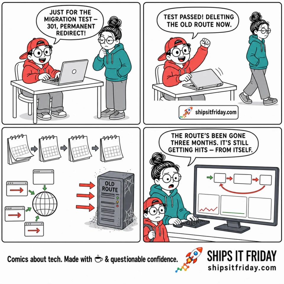 Four-panel cartoon. Panel 1: Toby types at his terminal grinning, June skeptical beside him. Toby says "Just for the migration test — 301, permanent redirect!" Panel 2: Toby deletes the old route, celebrating, while June walks away. Toby says "Test passed! Deleting the old route now." Panel 3 (silent): calendar weeks flip by, browsers worldwide lock in the cached redirect, and the old server sits dusty as traffic still flows to it. Panel 4: June stares at a dashboard showing a redirect loop and Toby's grin fades. June says "The route's been gone three months. It's still getting hits — from itself."