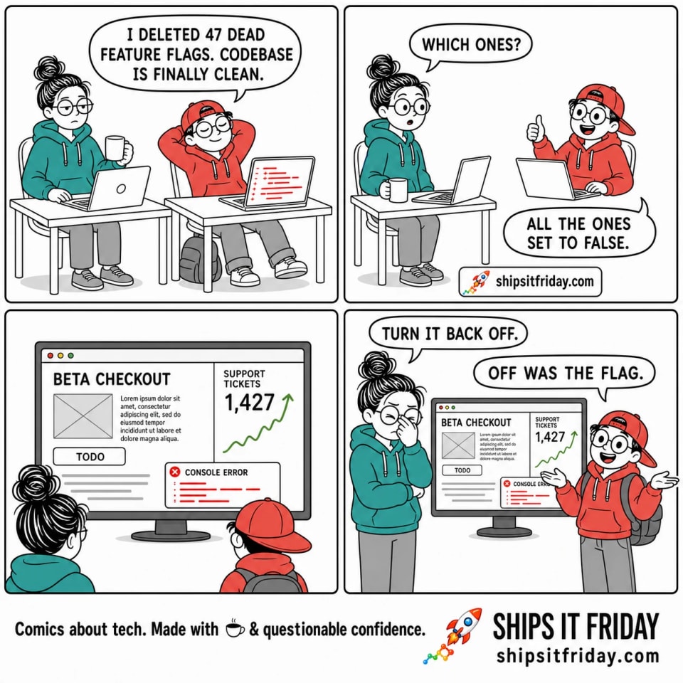 Four-panel comic. Panel 1: Toby leans back proudly from his laptop showing an all-red diff, saying "I deleted 47 dead feature flags. Codebase is finally clean." June looks over tiredly. Panel 2: June asks "Which ones?" Toby, beaming, answers "All the ones set to false." Panel 3 (silent): the live production site displays a half-built Beta Checkout page with lorem text, a button labelled TODO, and a rising support ticket counter. Panel 4: June pinches the bridge of her nose and says "Turn it back off." Toby shrugs and says "Off was the flag."